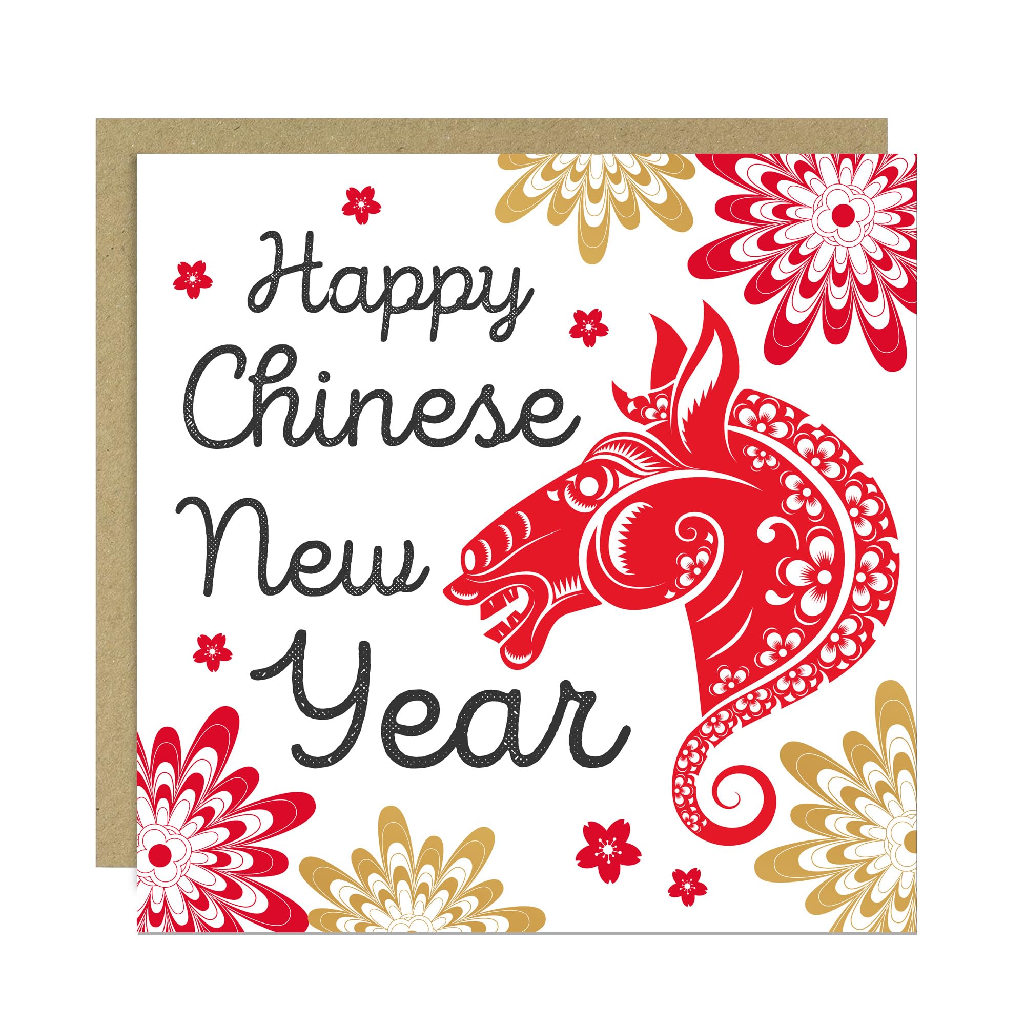 RED OCEAN Happy 2026 Chinese New Year Card The Year of The Horse Card For Friends and Family Luna New Years Cards 145x145mm With Kraft Envelope