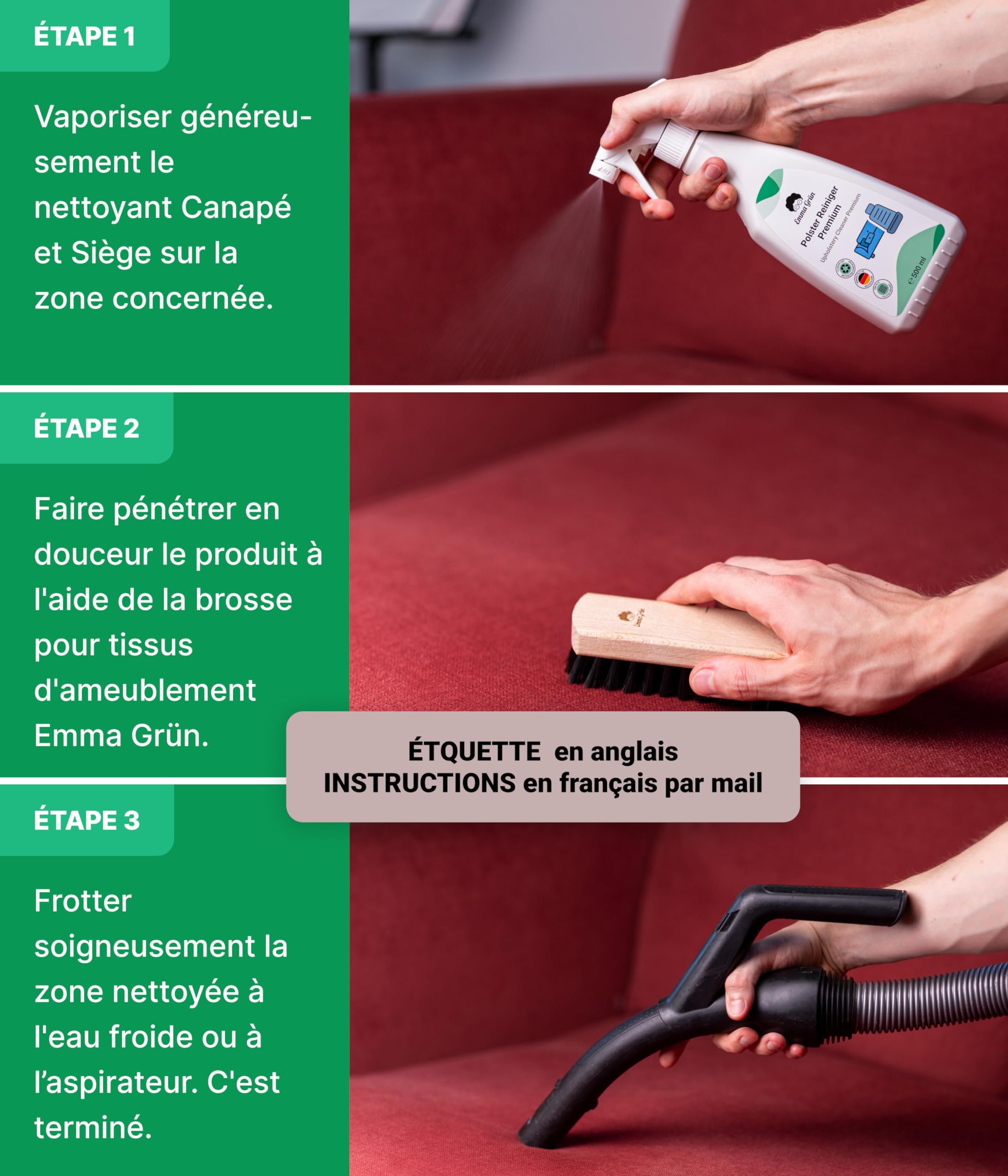 Nettoyant Premium pour Canapés & Sièges Auto, Nettoyant Durable pour Canapés 500ml, Nettoyant pour Canapés & Meubles Rembourrés avec Brosse, Emma Grün Détachant Canapé d'Allemagne