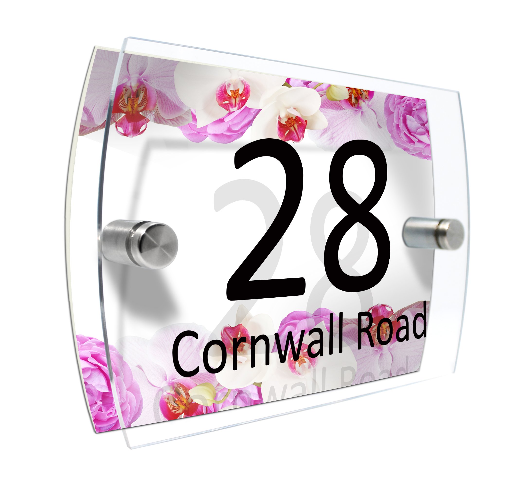 CS Printing House Number Sign Plaque Garden Glass Effect Acrylic Sign Door Plate Marble Wall Display 2 Part Branded Acrylic (Flowers border)