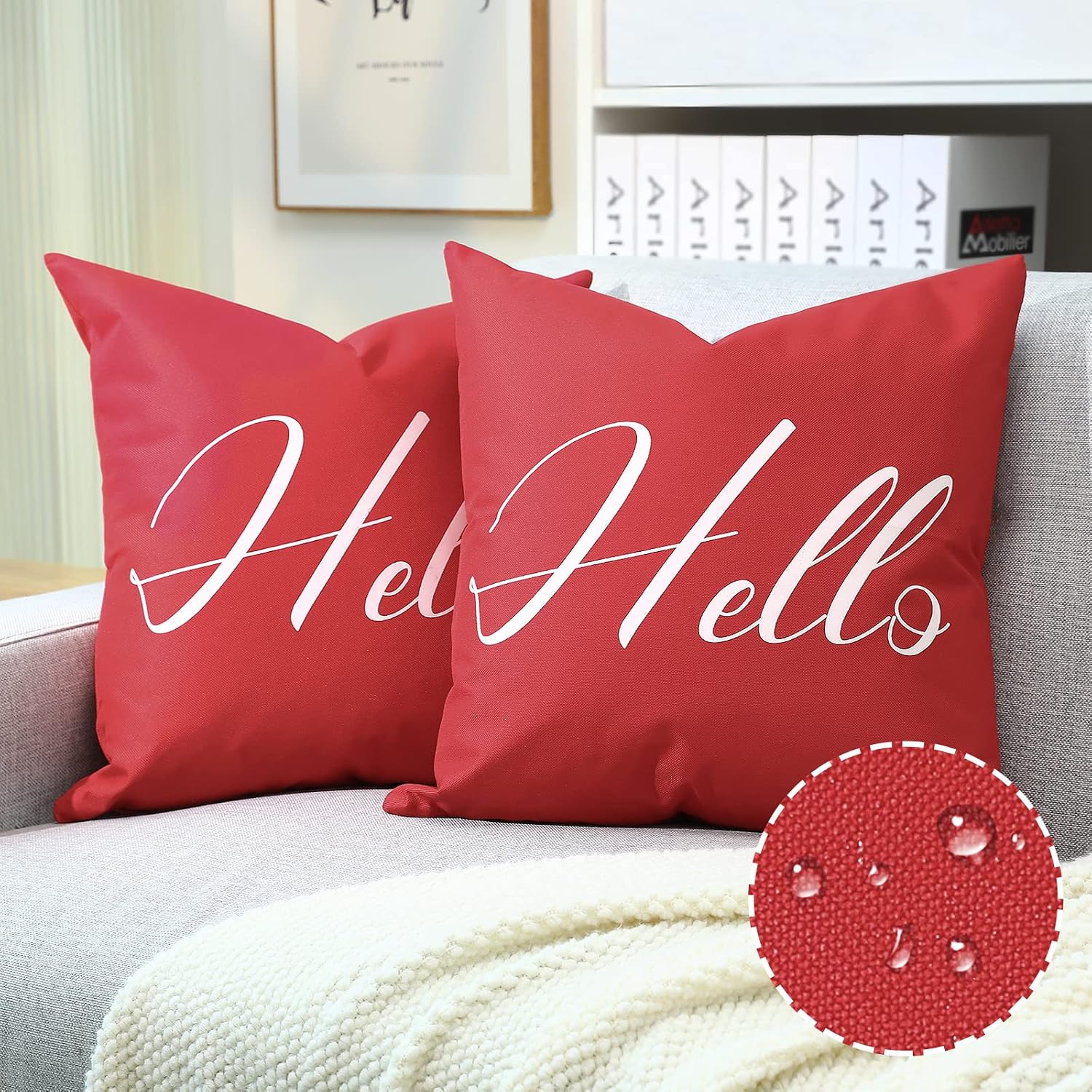 MoKo 2-Pack Waterproof 18x18 Outdoor Pillow Cover, PU Waterproof Throw Pillow Cases with Quotes & Sayings Decorative Square Cushion Covers for Patio Couch Tent Garden, 45 x 45 cm, Red