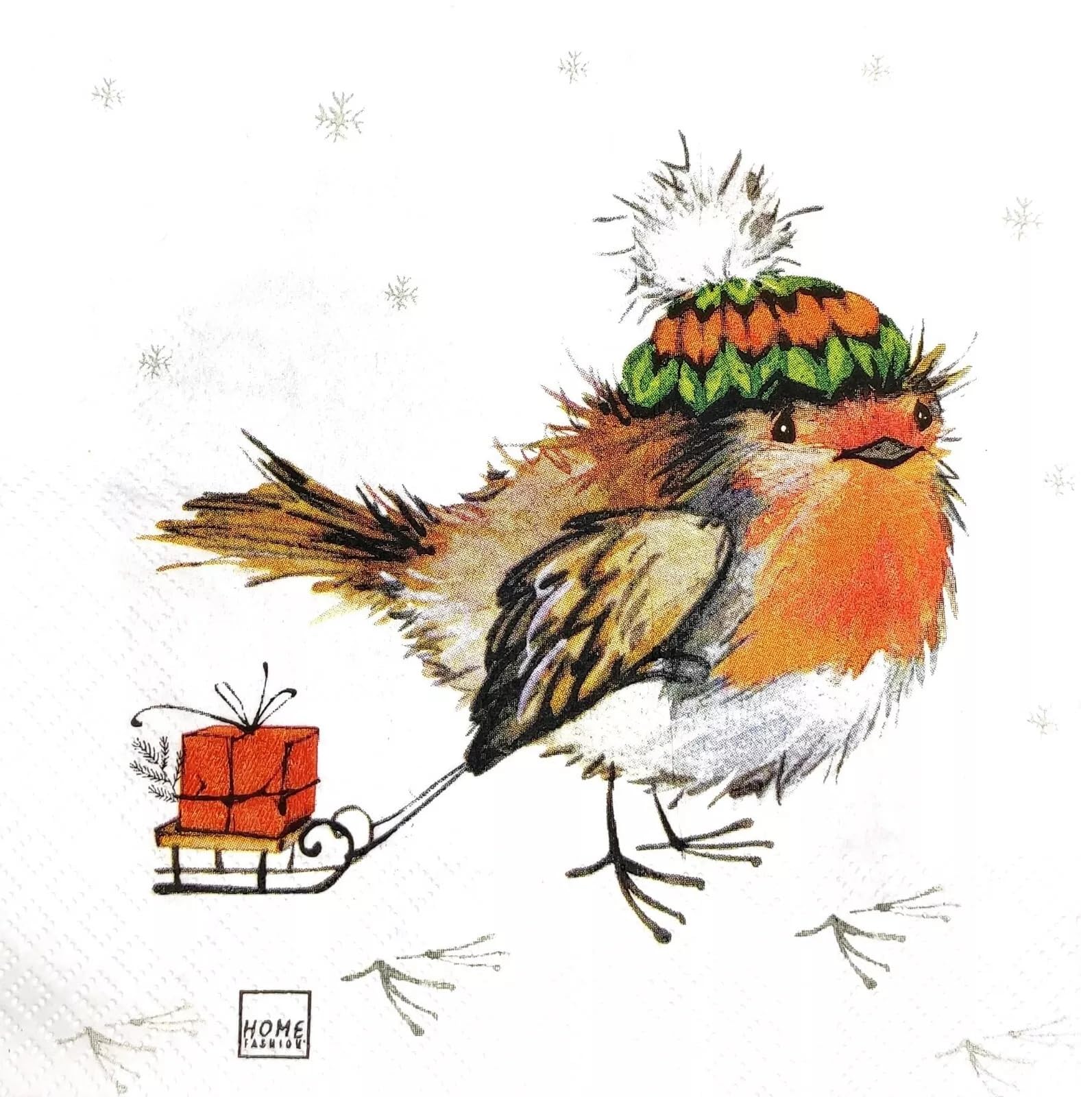 Set of 2 Individual Decoupage Paper Party Napkin Robin Bird Christmas Sled Watercolor Decor Luncheon Napkins for a Birthday Holiday, Wedding, Cocktail Party