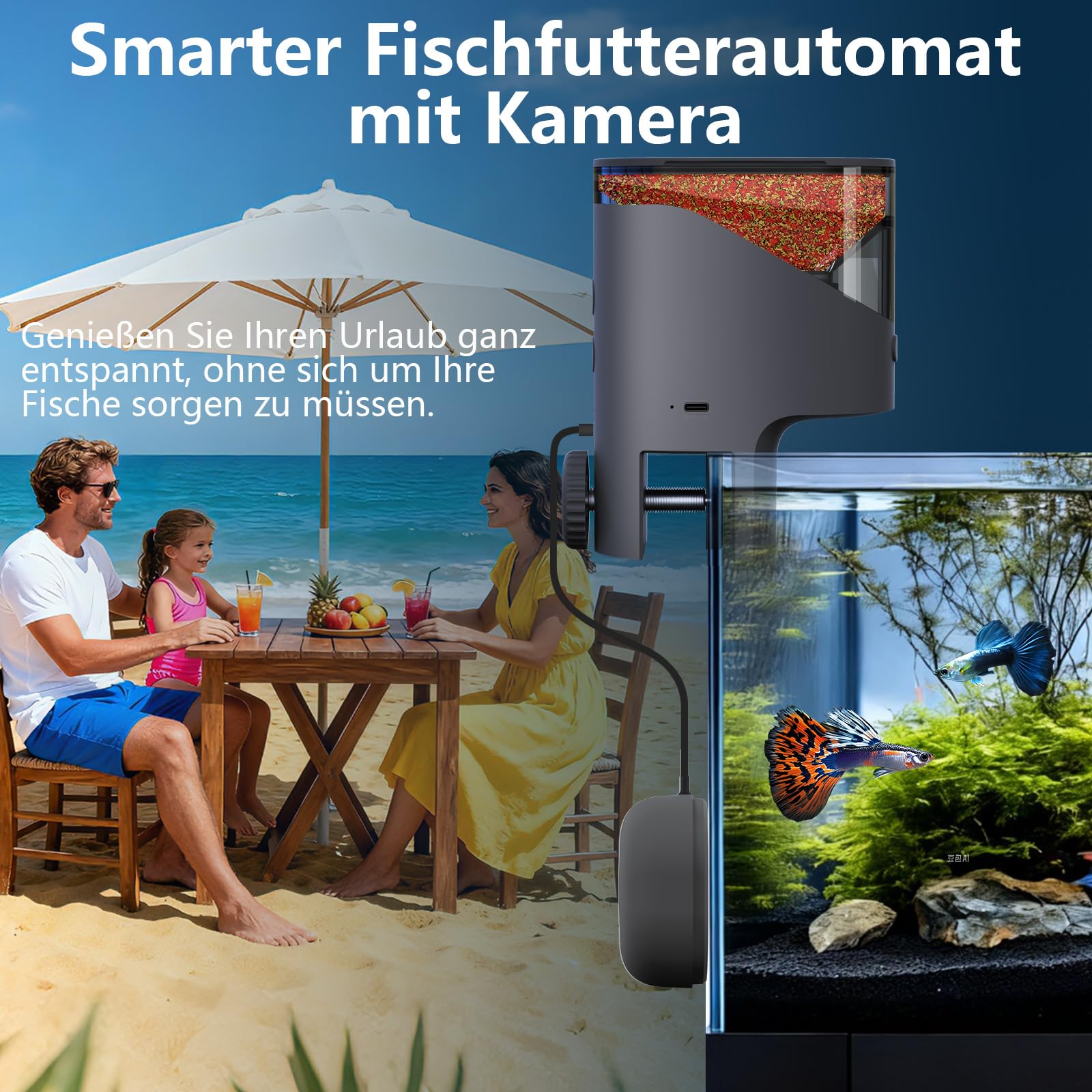 WiFi Futterautomat Aquarium mit Kamera, 2.4/5G WLAN Smart App, 0,2g Flockenfutter Präzision Fütterung für Urlaub & Alltag, 200ML Futterspender Feuchtigkeitsschutz, Nachtsicht, Meerwasser