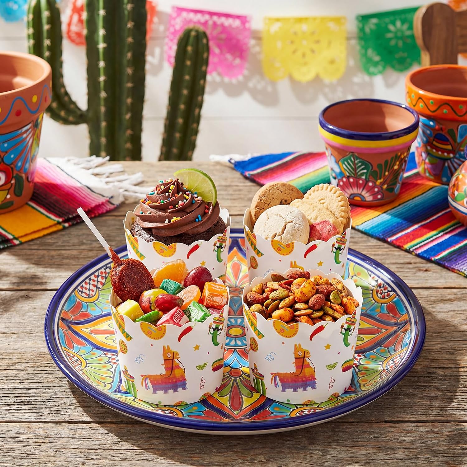 Potchen 100 Pcs Fiesta Cupcake Liners Cinco De Mayo Mexican Paper Baking Cups Scalloped Cactus Donkey Maraca Sombrero Muffin Cups Cases for Baby Shower Birthday Mexican Party Supplies
