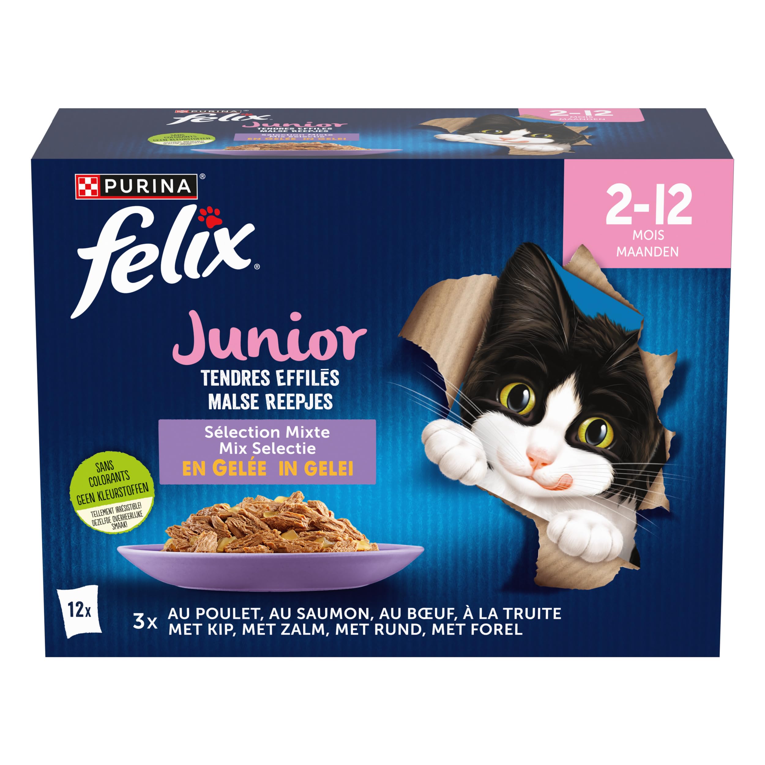PURINA - Felix - Tendres Effilés Junior - Chat - Aliment Complet, Convient au Chaton stérilisé - Au Poulet, Au Boeuf, Au Saumon et à la Truite - Gelée - Portion Individuelle - 12 x 85g