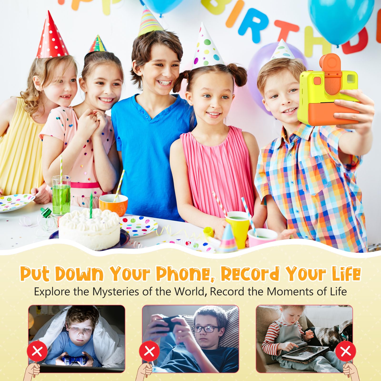 Macchina Fotografica Bambini Istantanea, 1080P Digitale Fotocamera Istantanea Bambini, Regalo per Bambini dai 3-12 Anni, 32GB Scheda SD, 5 Penne Colorate (giallo)