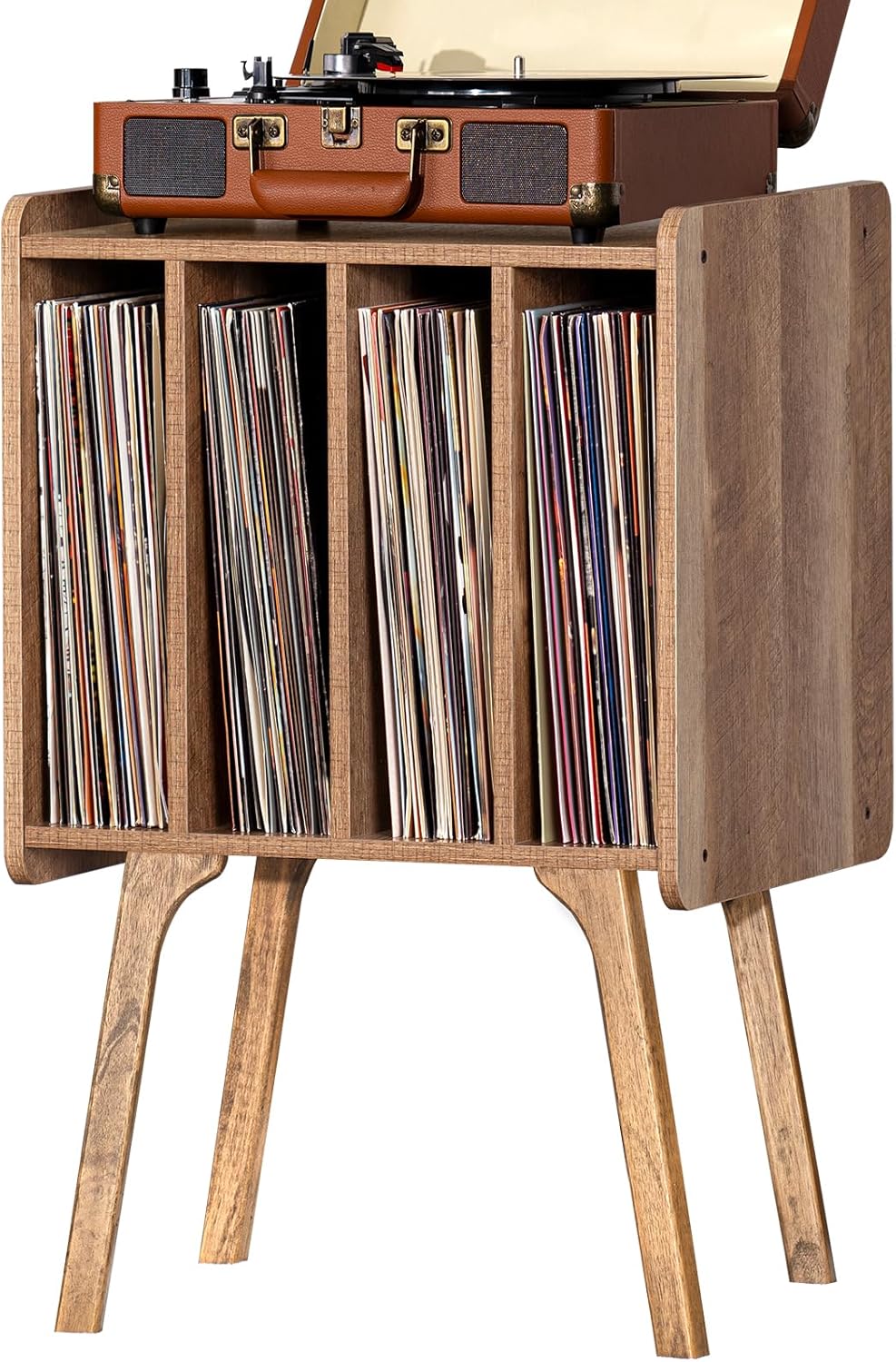 LELELINKY Record Player Stand,Vinyl Record Storage Table with 4 Cabinet Up to 100 Albums,Mid-Century Modern Turntable Stand with Wood Legs,Oak Grey Vinyl Holder Display Shelf for Bedroom Living Room