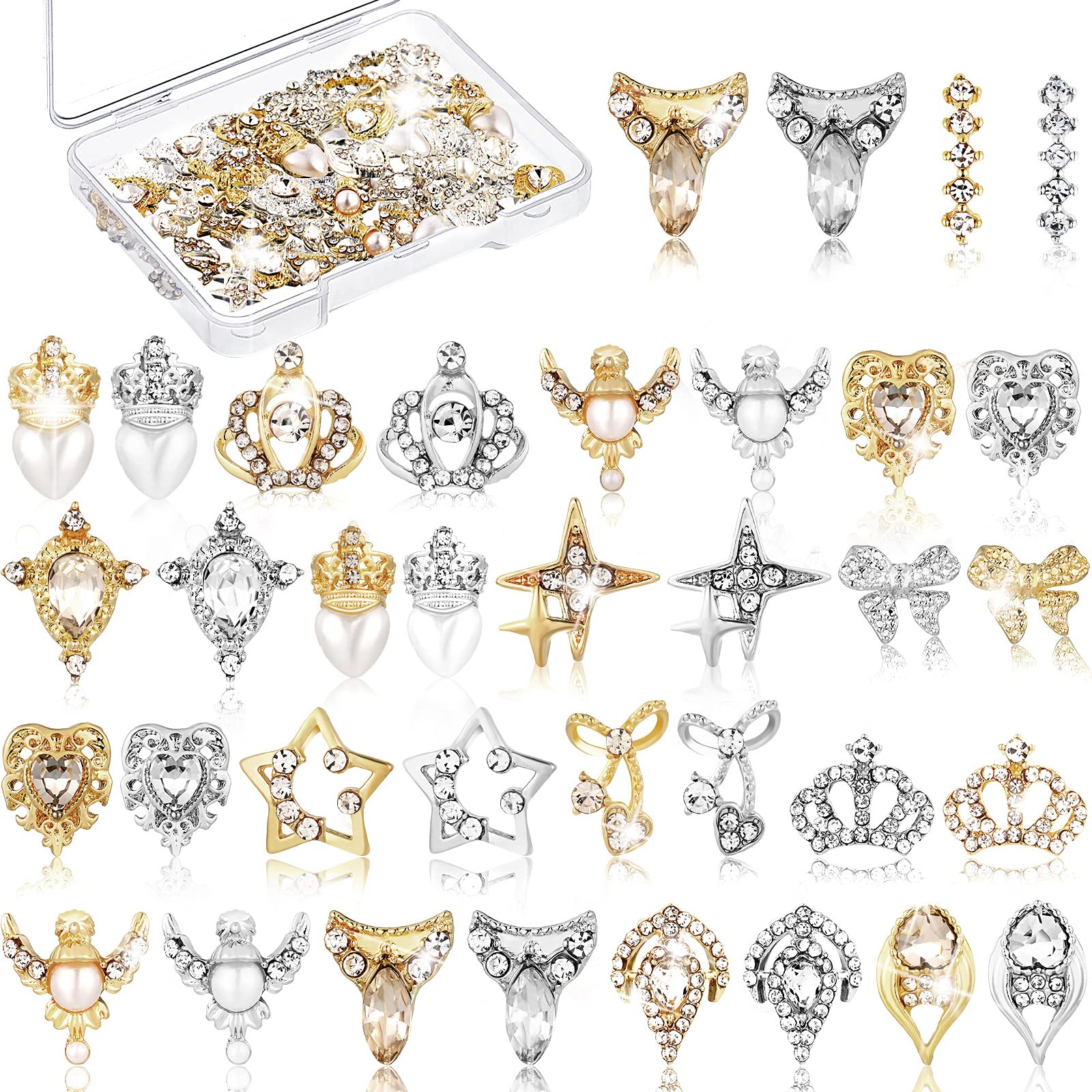 36 Pcs 3D Nail Charms Heart Nail Art Rhinestones Gold Silver Nail Jewelry Pearl Crystal Diamonds Rhinestones Gems