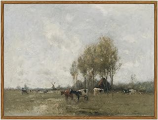 ARPEOTCY Vintage Country Framed Wall Art, Meadow with Cows Retro Painting Decor Aesthetic, 12x16 Inch Canvas Print Artwork, Pasture Nature Scenery Wall Pictures for Room Farmhouse Decor