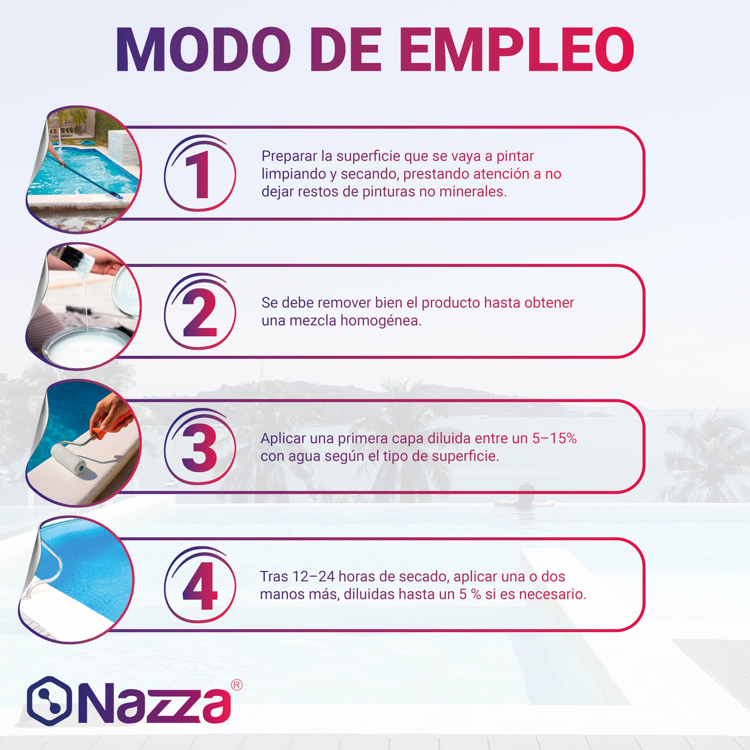 Nazza Renovador de Bordes de Piscina - Respetuosa con el medio ambiente - Pintura para Bordes de Piscina al Agua - Blanco 4L - Mantiene la capacidad antideslizante del soporte