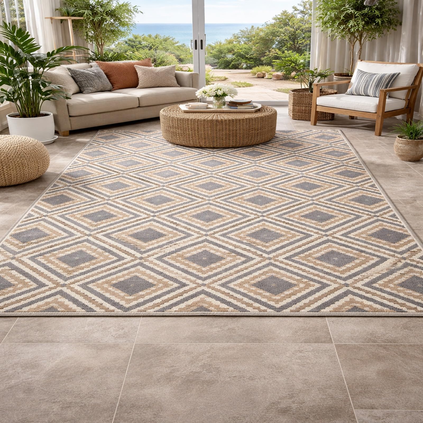 Tapis de chambre moderne et chaleureux motif géométrique gris 150 cm