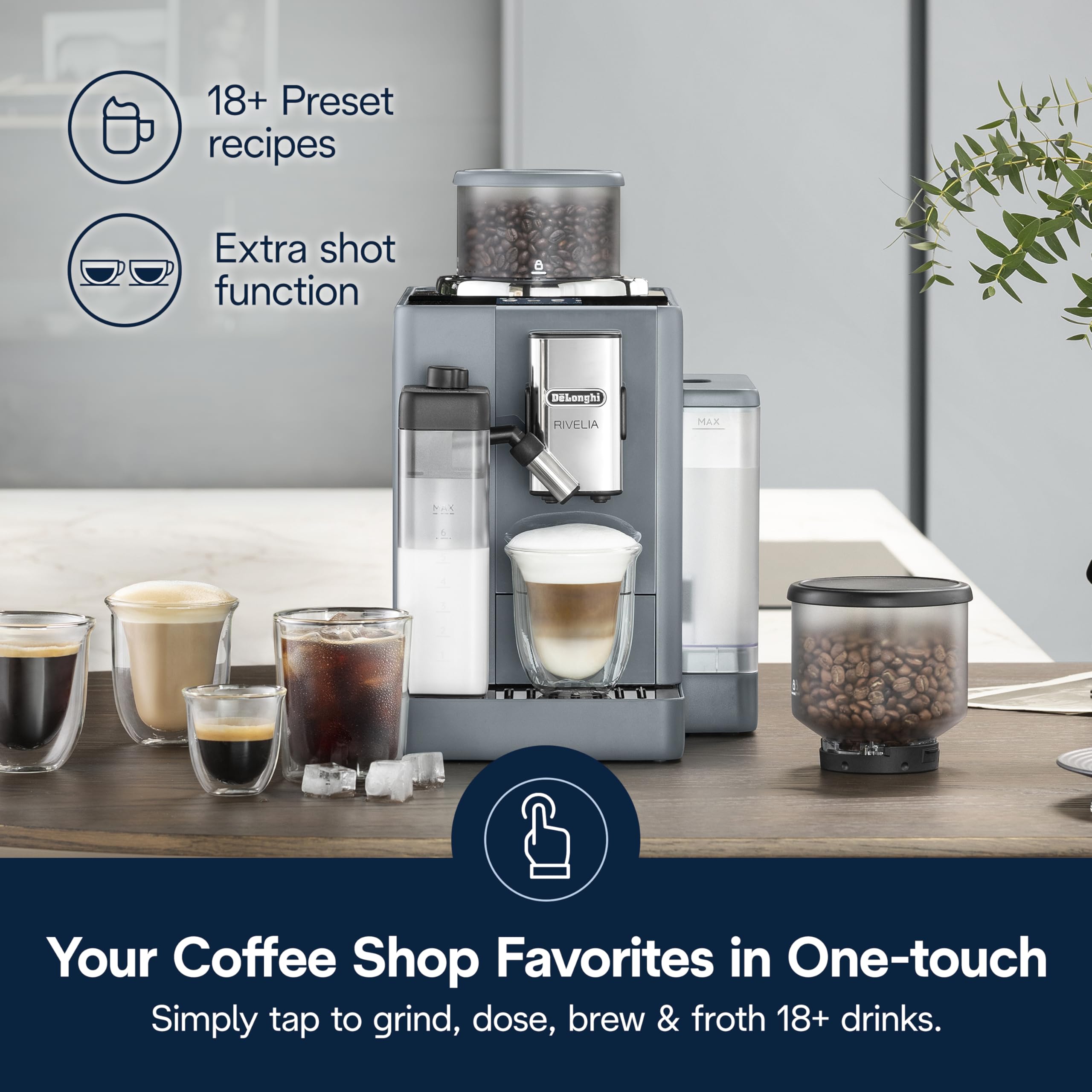 De'Longhi Rivelia Automatic Espresso Machine with Grinder & Milk Frother – All-in-One Coffee Maker, Hot & Iced Latte, Cappuccino, Bean Switch System, Burr Grinder, Compact Italian Design, Pebble Gray - 2