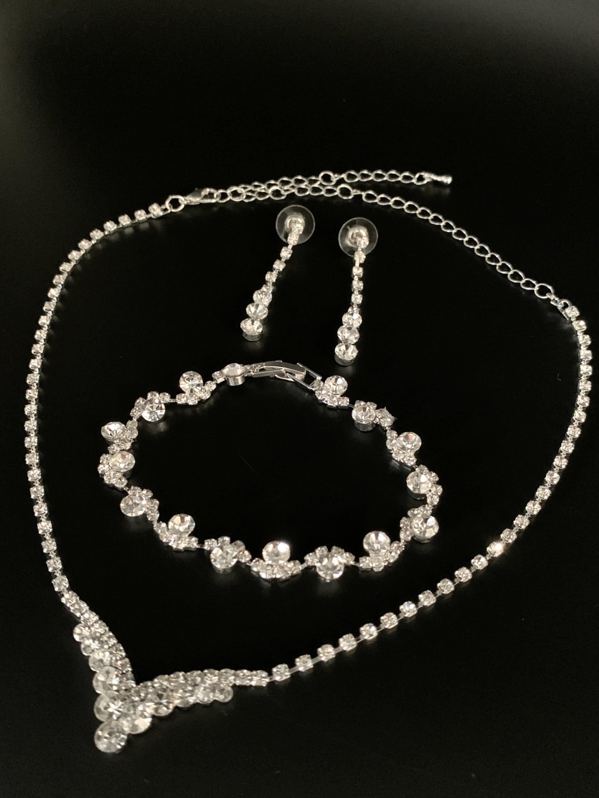 3er Set V Schmuck Damen – Silber Strass Collier Halskette mit Ohrringen & Armband – Verstellbare Kette 38–48 cm, elegantes Schmuckset für Hochzeit, Abiball, Kommunion & festliche Anlässe