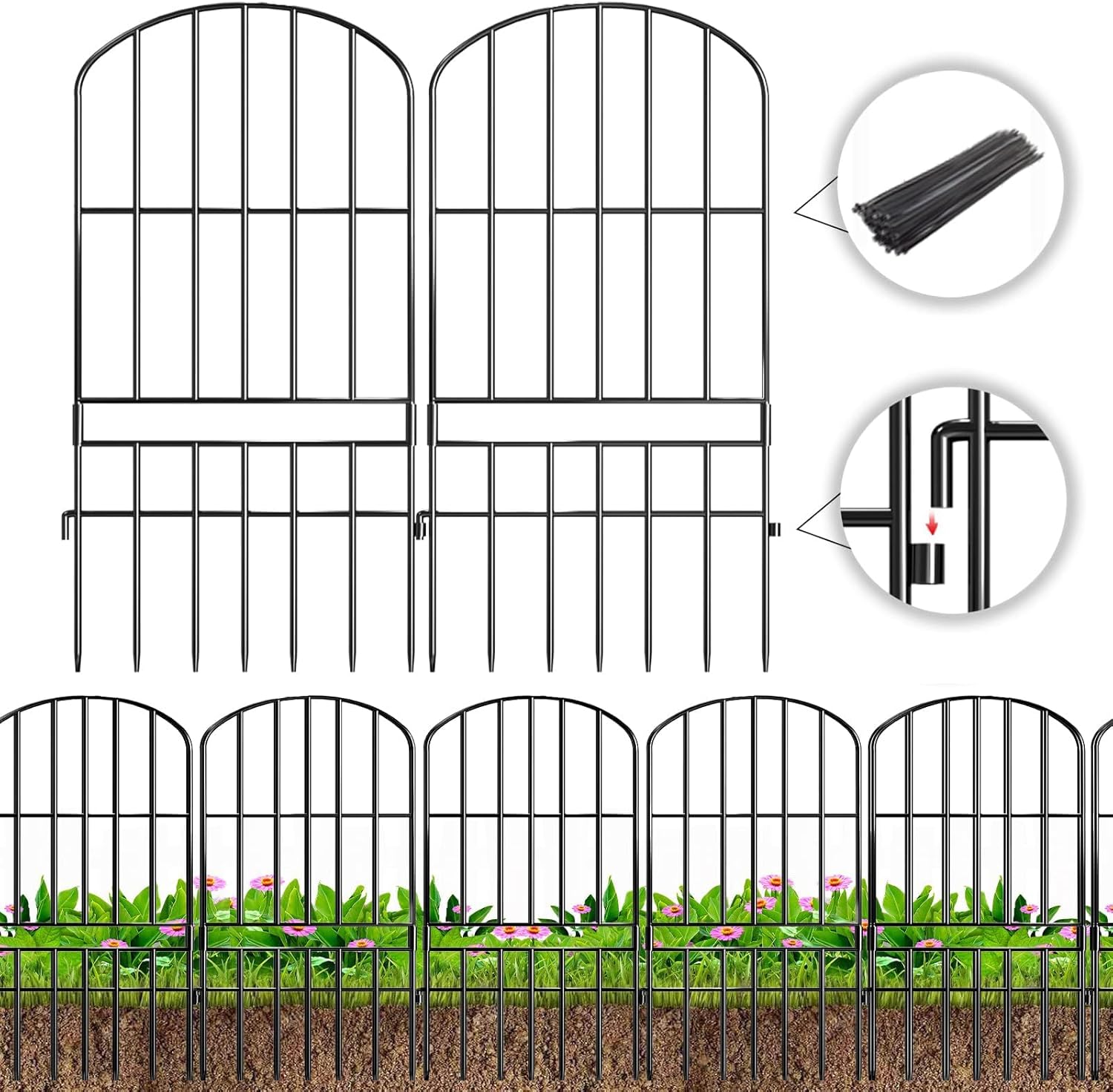 Animal Barrier Garden Fence,25 Pack Black 12''L x 25"H no dig Decorative Fencing, Underground dig Protection for Dog Rabbits Rustproof Metal Wire Panel Border, 27 feet Ground Stakes for Outdoor Patio