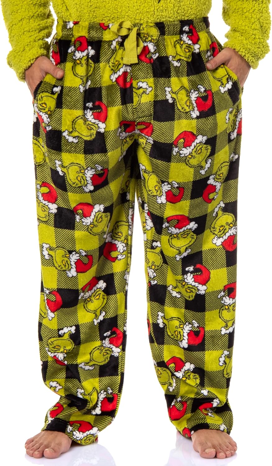 Dr. Seuss GRINCH Santa Plaid Plush Fleece Pajama Sleep Set - Image 2