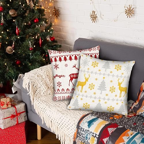 Miniatura 4 de PICKFORU Juego de 4 fundas cuadradas de almohada navideñas de 18 x 18 pulgadas, fundas cuadradas de invierno con ciervos navideños para sofá,