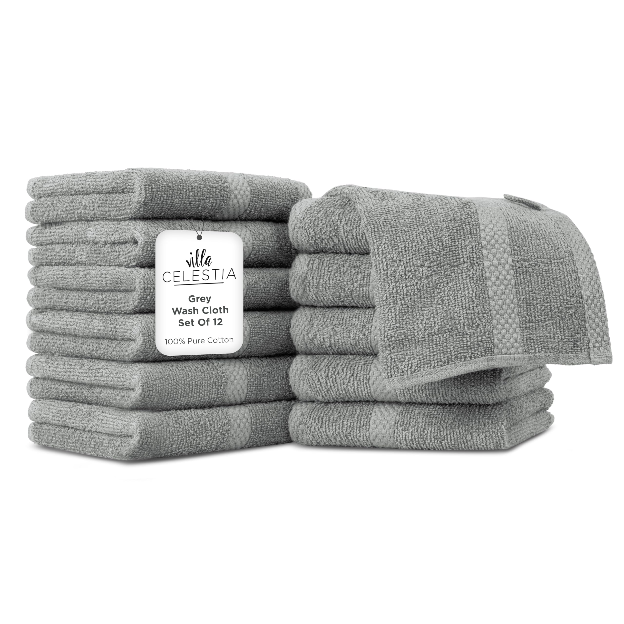 Villa Celestia Cotton Washcloths Set of 12, 12x12 Inch, 100% Ring-Spun Combed Cotton, Soft Absorbent Quick-Dry Wash Cloths for Face and Body, Oeko-TEX Certified, Hotel &amp; Spa Quality, Grey