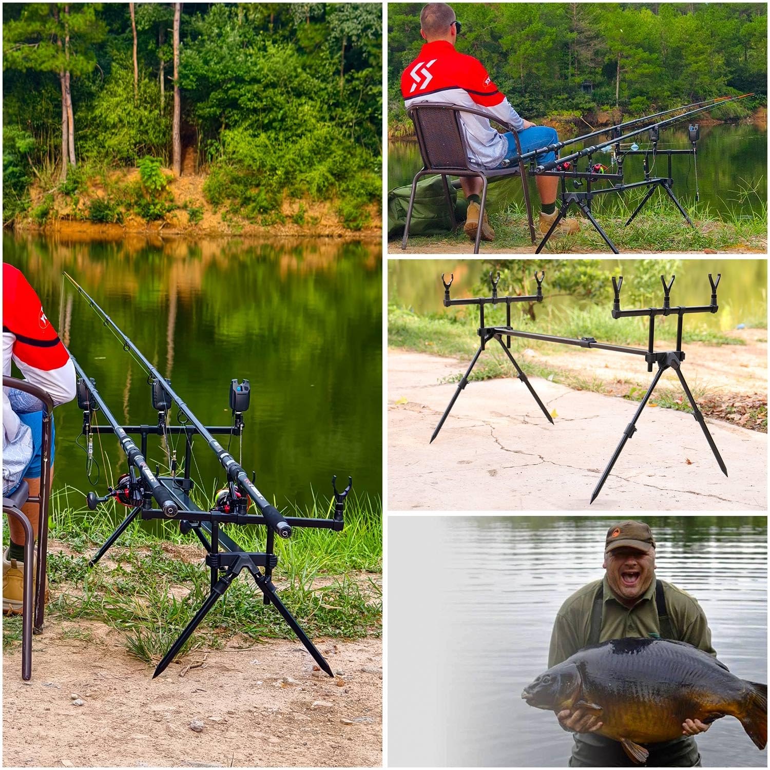 Sougayilang Rod Pod 3-częściowy zestaw do wędkowania karpiowego – regulacja wysokości i długości, z torbą do przenoszenia oraz 6 głowicami + 5 m uzupełnieniem siatki PVA – nadaje się do łowienia karpi