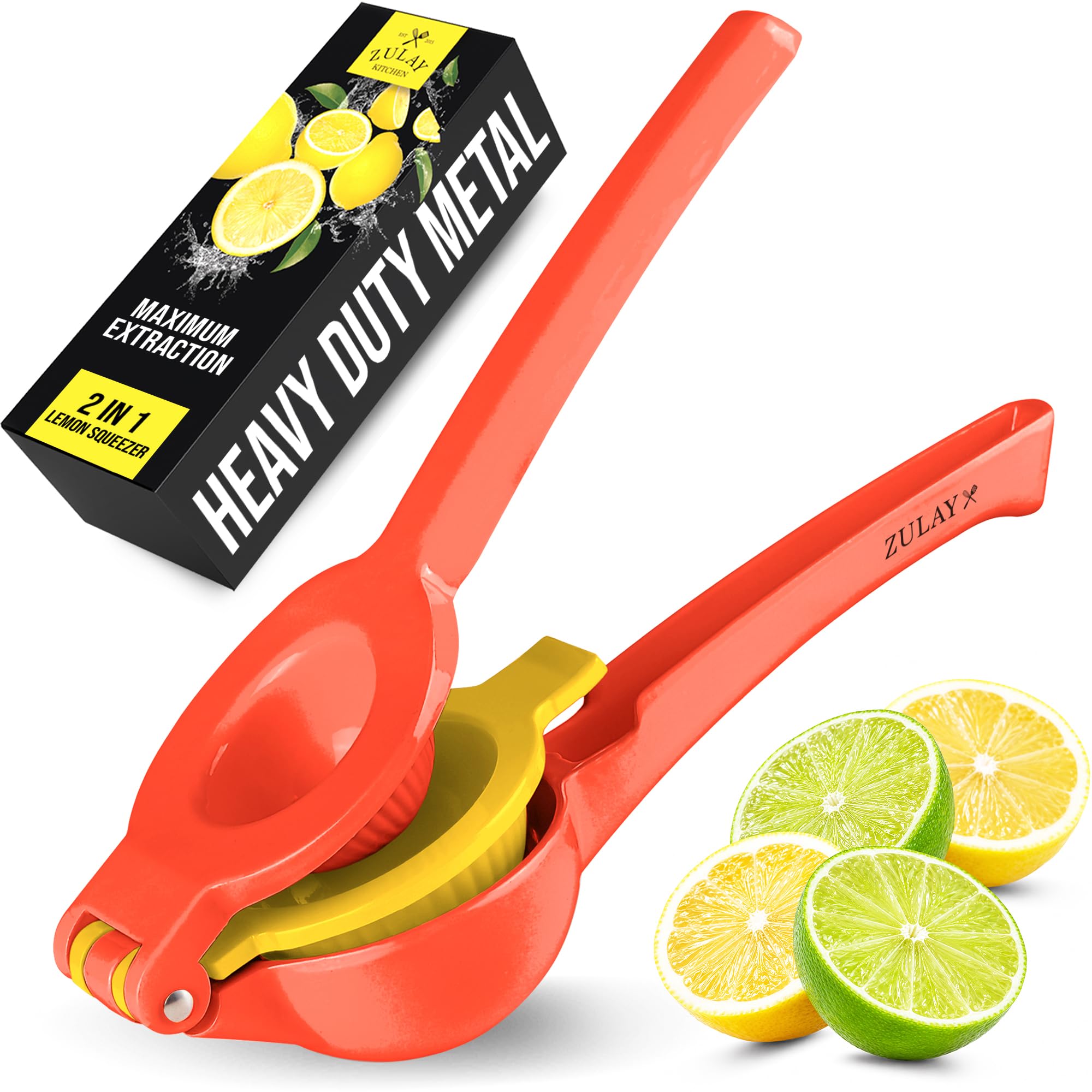 Zulay Kitchen Metal 2-in-1 Lemon Squeezer - Sturdy Max Extraction Hand Juicer Lemon Squeezer Gets Every Last Drop - Easy to Clean Manual Citrus Juicer - Easy-Use Lemon Juicer Squeezer - Red/Yellow
