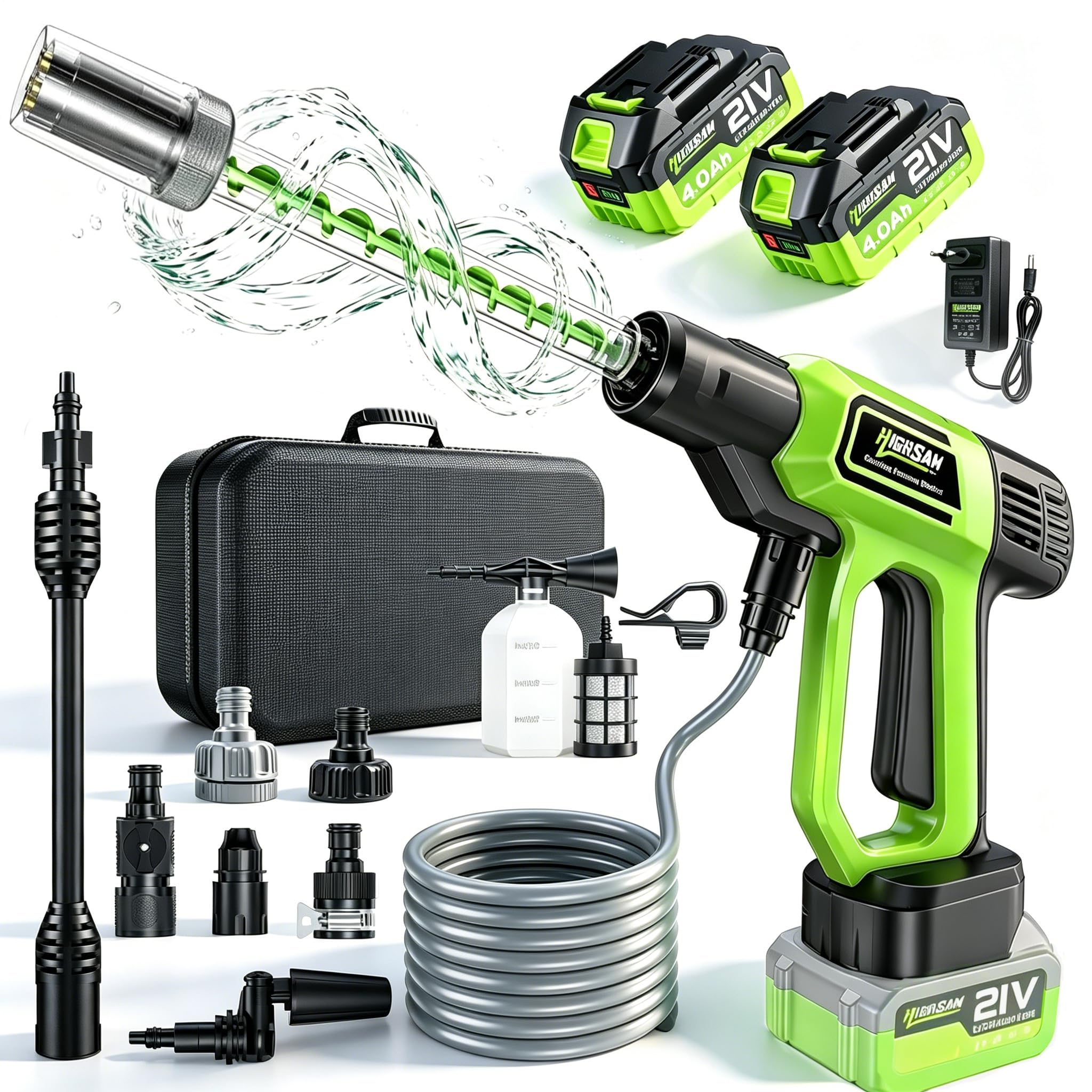100Bar Nettoyeur Haute Pression sans Fil avec 2*Batteries 4.0Ah, Moteur sans Balais, Mode 3 Vitesses, Nettoyeur Haute Pression avec Pompe, buse 5 en 1 pivotante à 180°, Tuyau de 5 m
