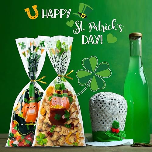 Miniatura 7 de idolpack Bolsas de celofán del día de San Patricio con lazos, 5 x 10 pulgadas, bolsa de celofán irlandés de la suerte, trébol de la suerte, bolsas