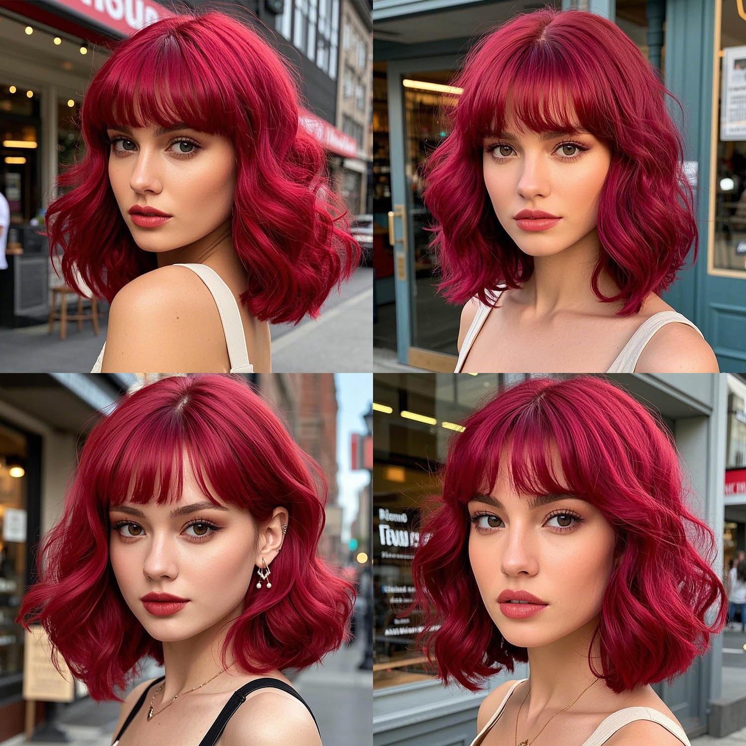 Curly Bob Wigs for Women Short Wavy Wine Red Wig with Bangs Natural Looking Synthetic Wigs for Daily Party Cosplay Use 14 Inch