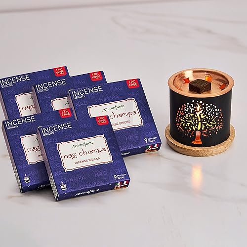 Nag Champa - Ladrillos de incienso (5 x 9 ladrillos) y quemador de incienso exótico árbol de la vida por Aromafume  Fabricado con sándalo, jazmín,