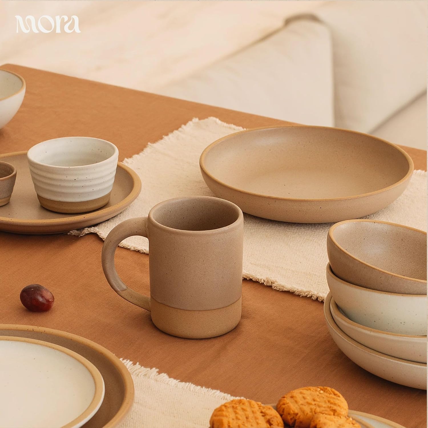 MORA Medium Dishes Set of 4, 30oz Ceramic Pottery Pasta Plate/Wide Bowls - Microwave, Oven and Dishwasher Safe - Harvest