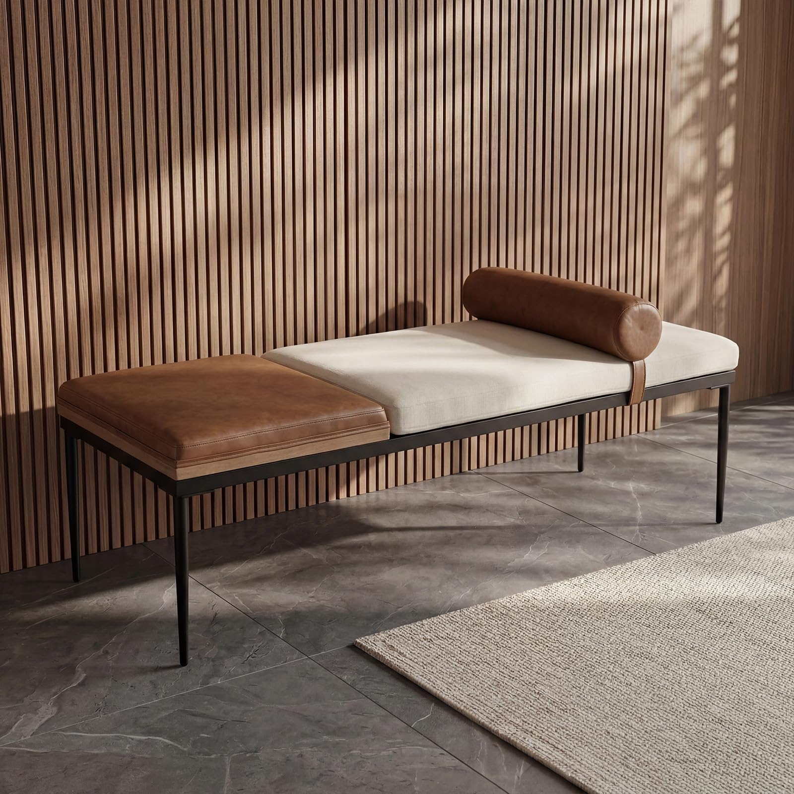 Ya-Home Panca Ingresso con Vassoio in Legno e Gambe in Metallo, Panca Camera da Letto in Pelle e Tessuto di Ciniglia 140x55x47 cm, Bianco