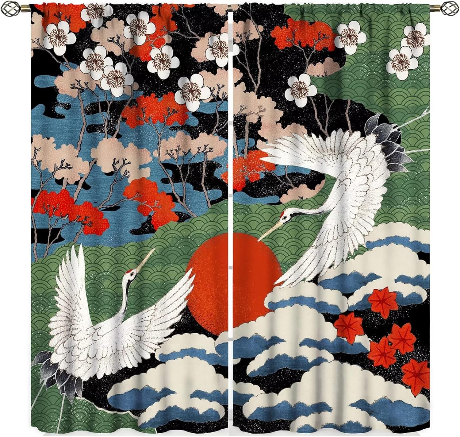 Asian Japanese Style Curtains Crane Cherry Blossom Floral