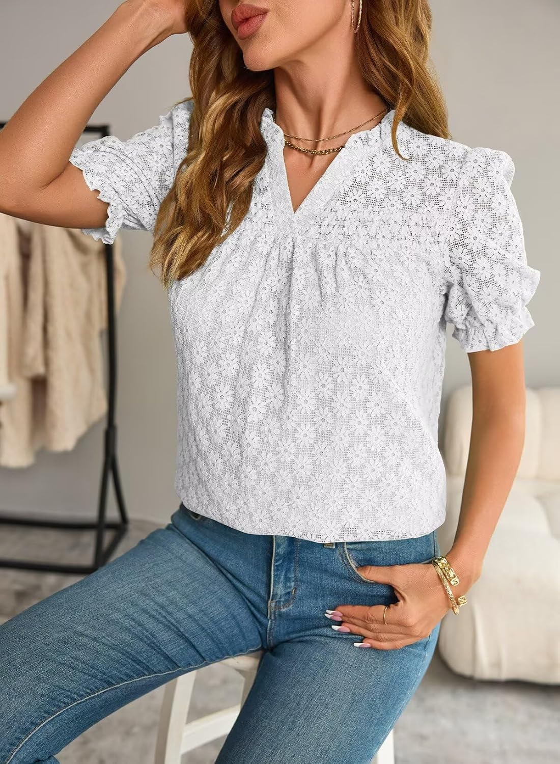 Tops For Women 2025 Boho Floral Short Puff Sleeve Shirts Summer Flowy V Neck Casual Lace Blouses - Image 6