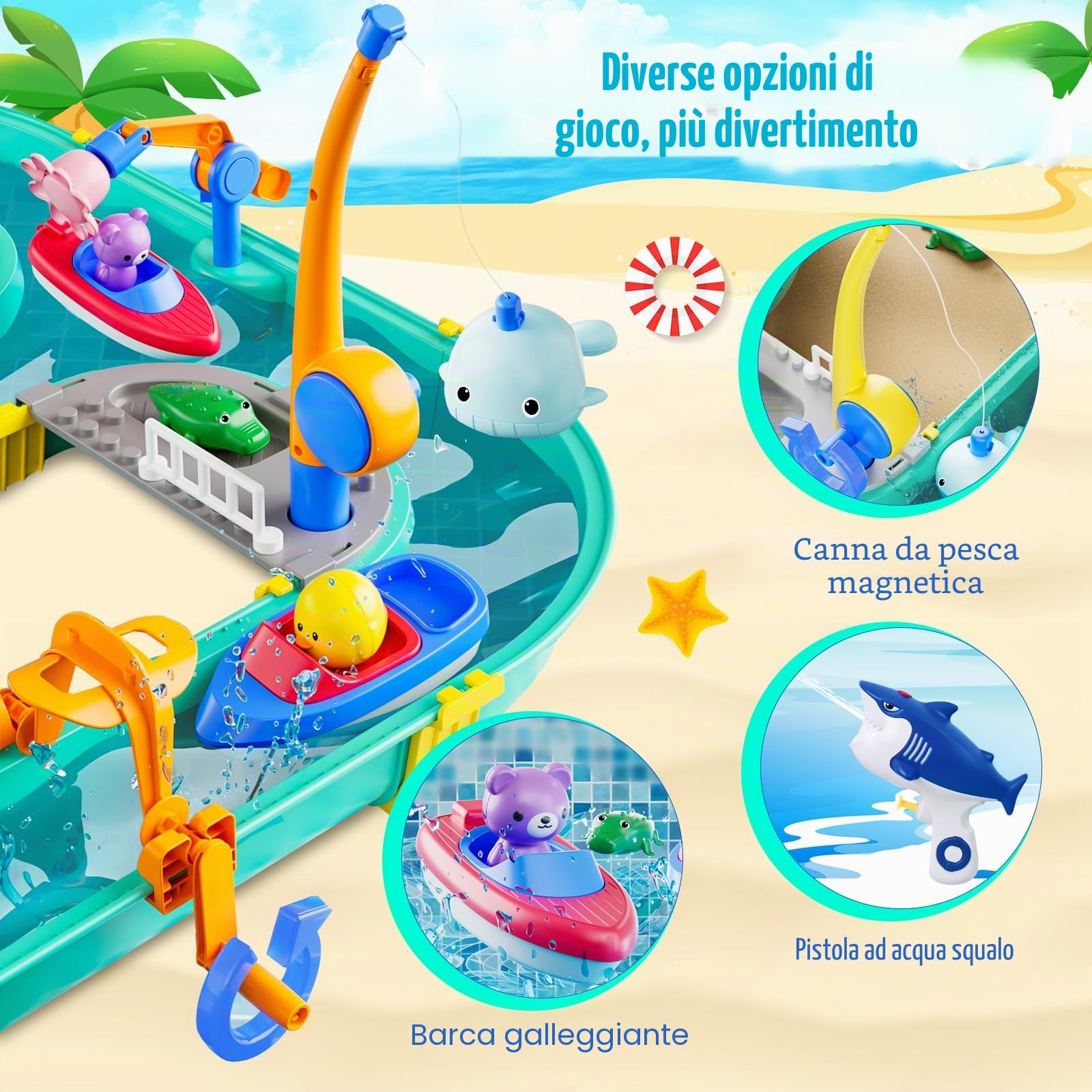 Joellfuner Pista d'acqua per bambini all'aperto, 2 in 1 giocattolo acquatico per bambini outdoor, set pista d'acqua con 2 barche, 6 figure di animali, 2 pistole ad acqua e funzione di pesca, tavolo