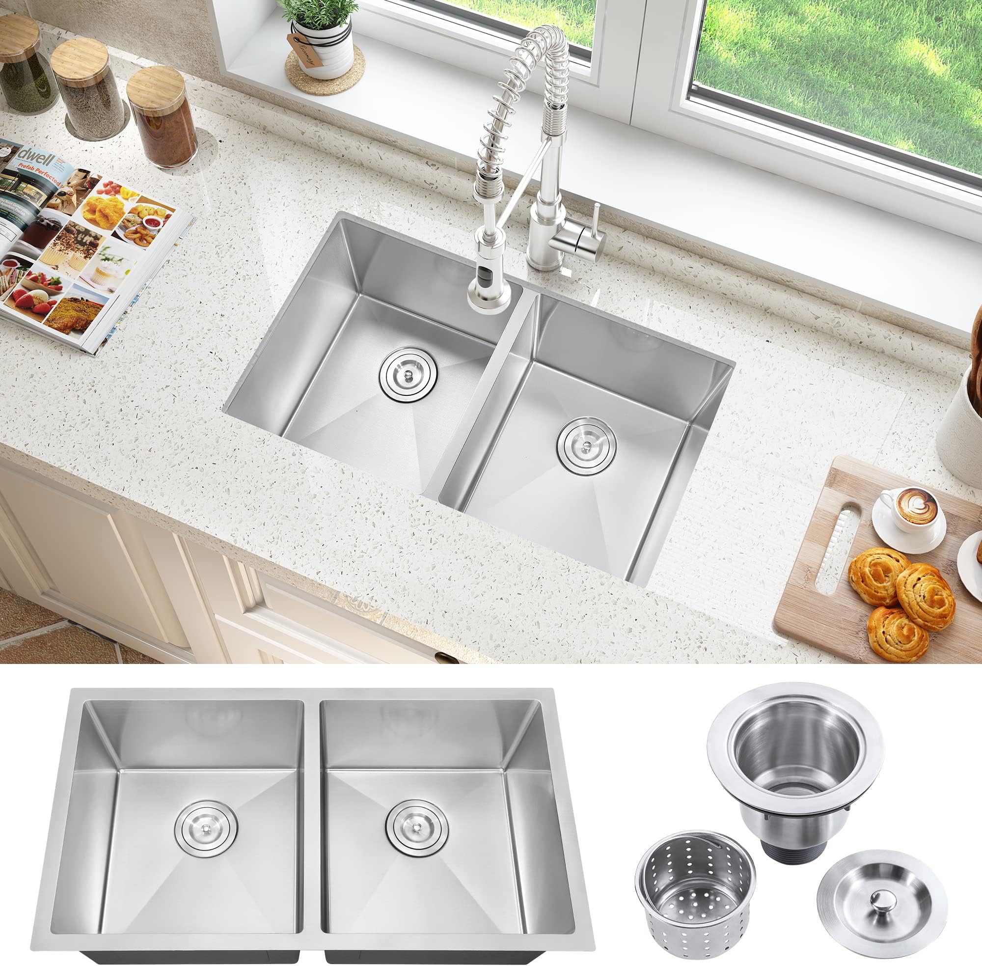32 Inch Undermount Kitchen Sink, ATTOP 32''x18'' Nano Coating Handmade Stainless Steel Kitchen Sink Large Double Bowls Basin With Strainer