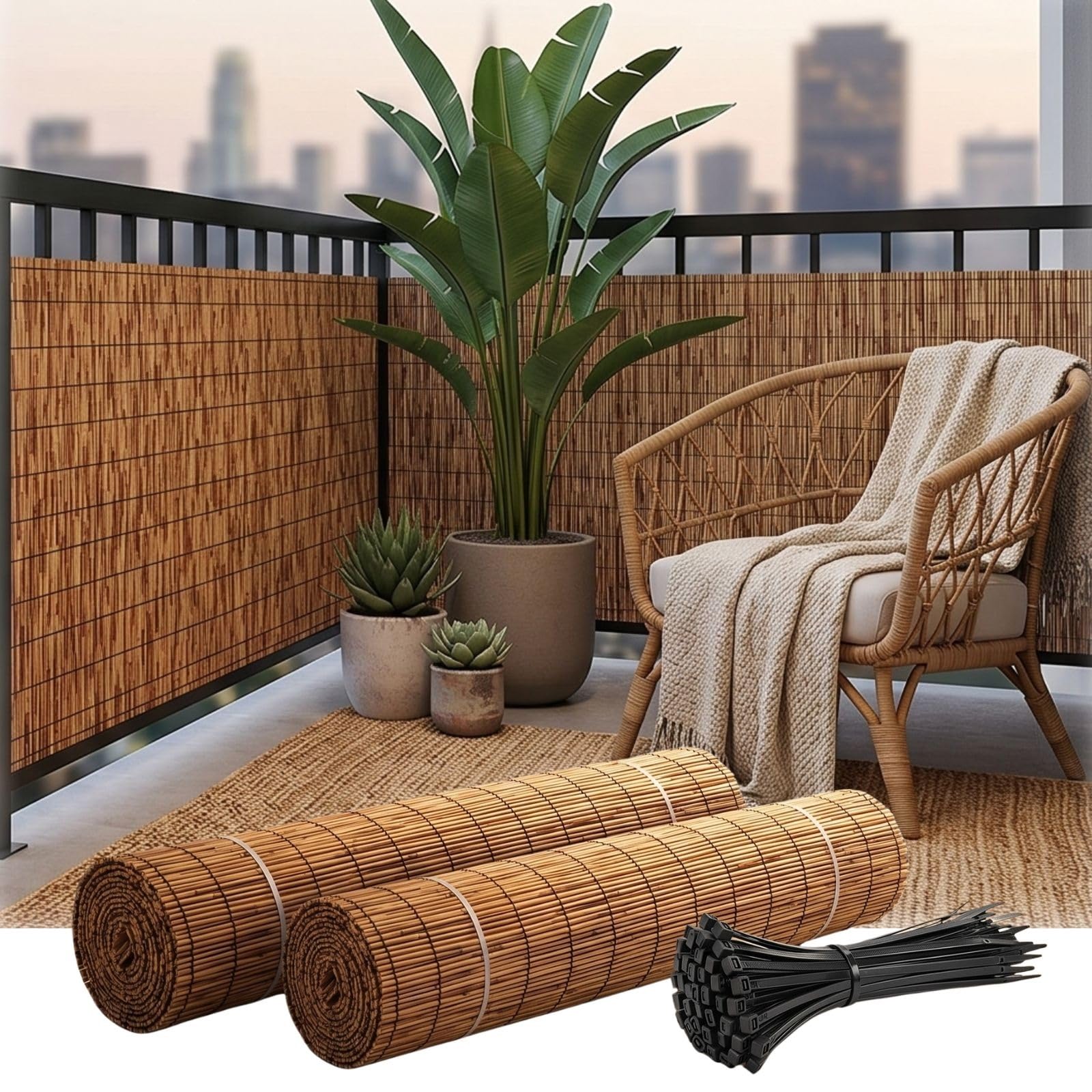 85% Shade Natural Reeds Fencing, H 61/91/122/153/183cm Reeds Screen with Cable Zip Ties Balcony Privacy Fence Bamboo Roll Decorative Fence for Outdoor Backyard Patio Pool Garden(Brown,H91xL701cm)