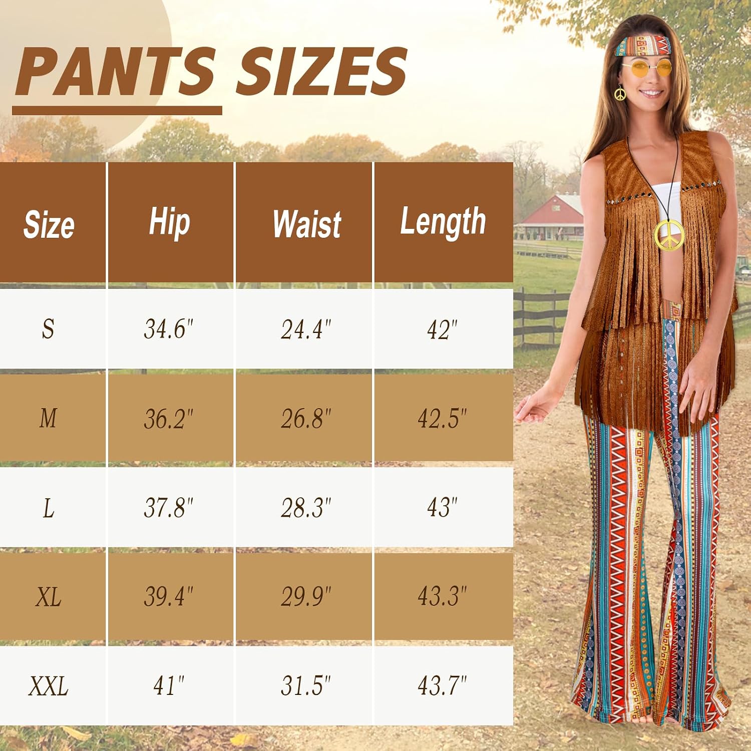 8 PCS 60s Women Hippie Costume, 70s Hippie Outfits with Tops and Flared Pants Glasses Necklace Set for Christmas