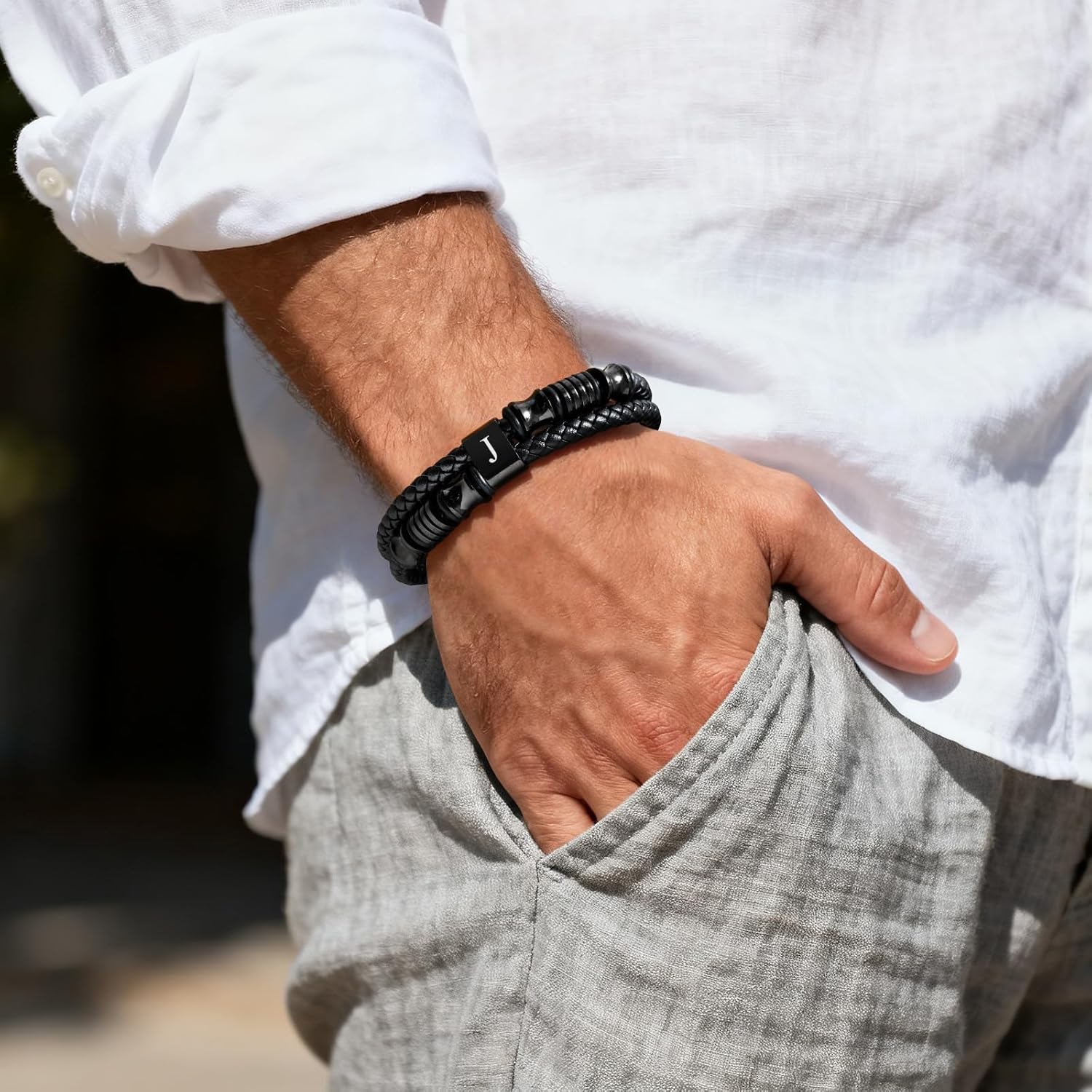 Initial Braided Leather Bracelets for Men - Double-Row Braided Mens Leather Bracelet Adjustable Wristband Initial Bracelet with Stainless Steel Clasp Unique Jewelry Gifts for Husband Dad Friend Son - Image 2
