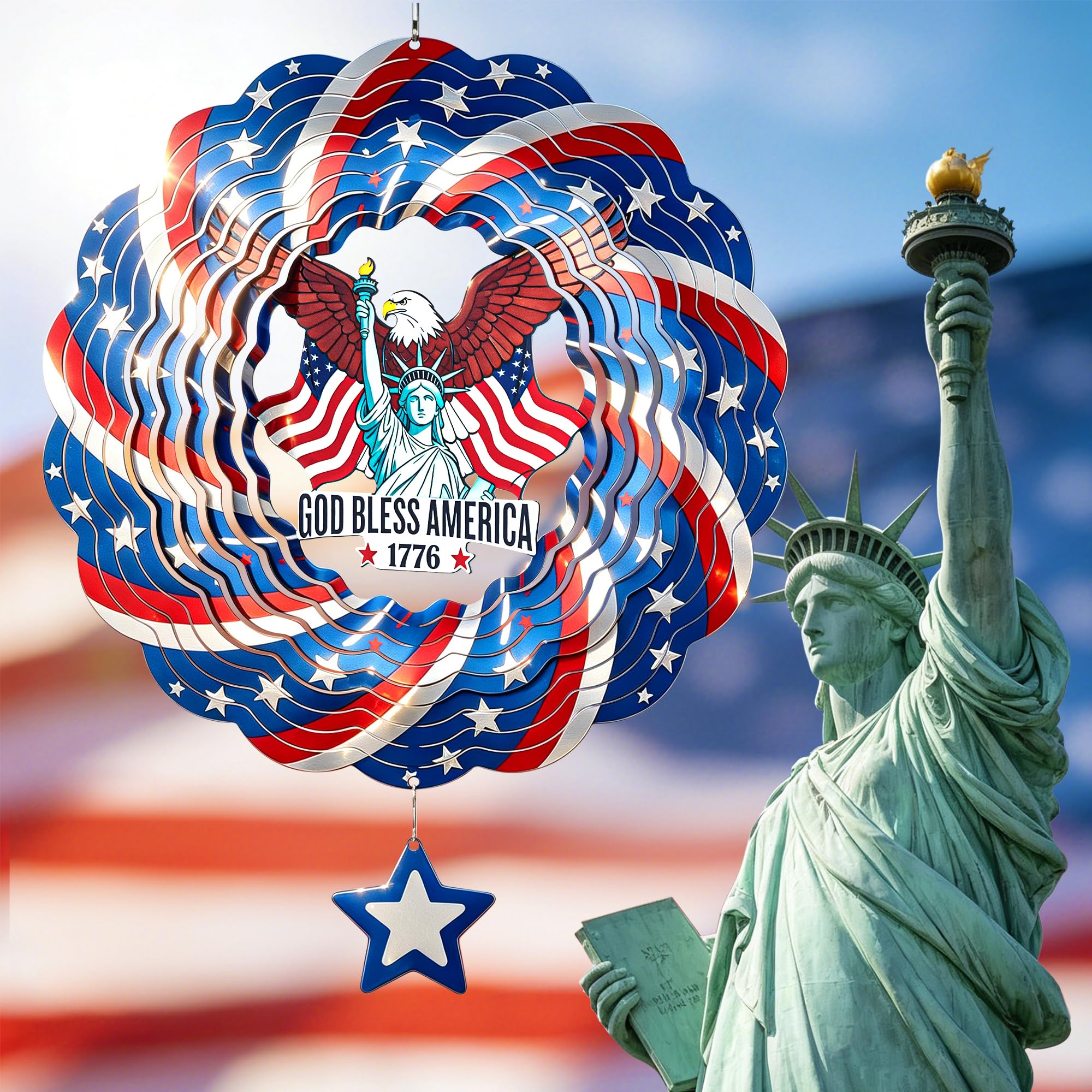 Photo 1 of SUNCKET 250th Steel Statue of Liberty Wind Spinner, 4th of July, 12" Stainless Steel Outdoor Garden Decor with American Eagle Design, Hanging Yard Art for Outdoor & Indoor, Gift for Men