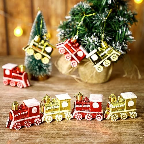 Miniatura 7 de Juego de 8 adornos de tren para árbol de Navidad, camión, decoración de Navidad, locomotora pequeña, juego de tren de plástico brillante, adornos