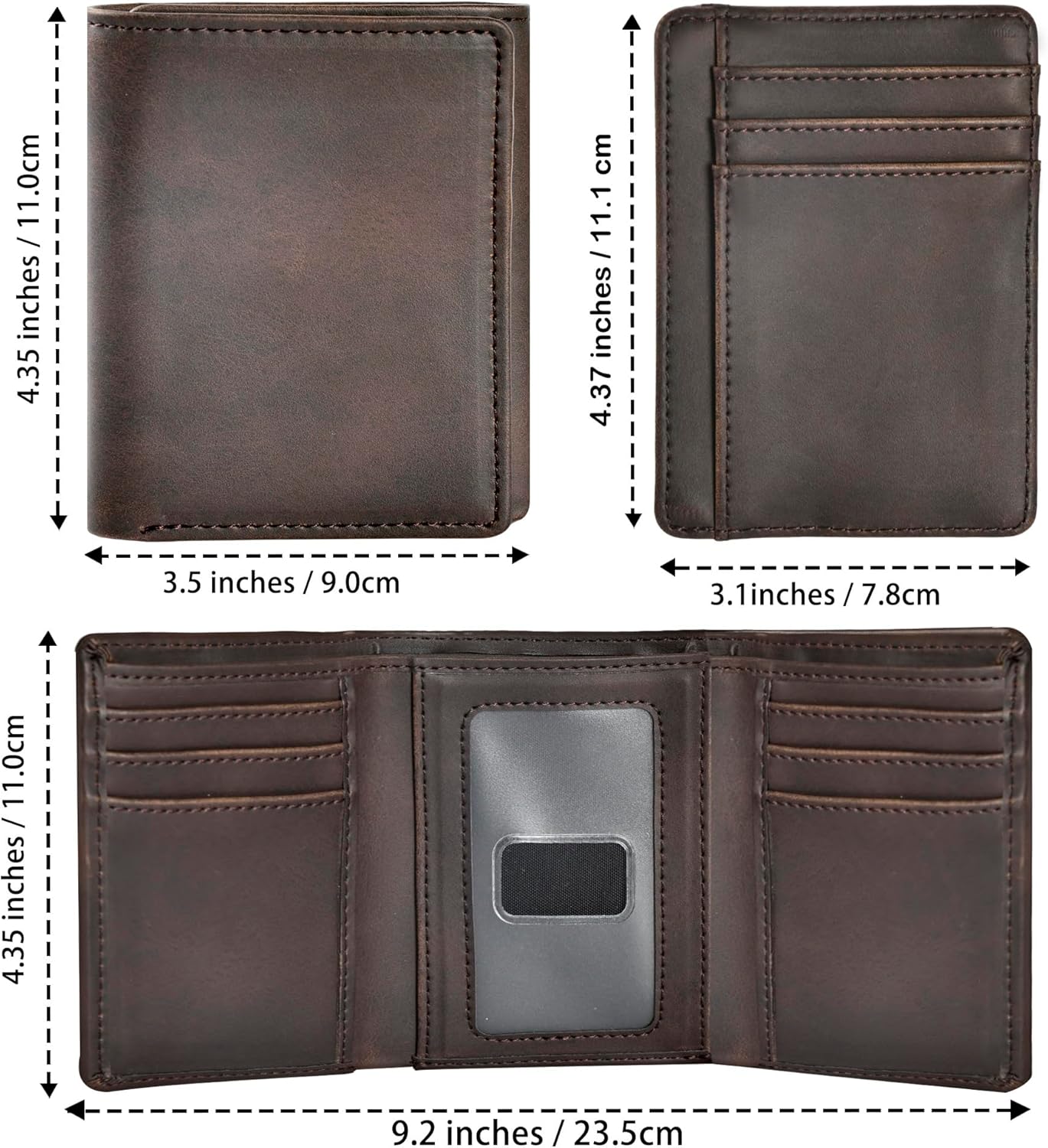 Trifold Wallet for Men, Leather Wallets with 8 Card Slot and 2 Money Pocket and 1 Clear Photo Slot + 1 Minimalist Leather Card Pocket with 6 Card Slot and 1 Transparent Windows Slot - Coffee - Image 4