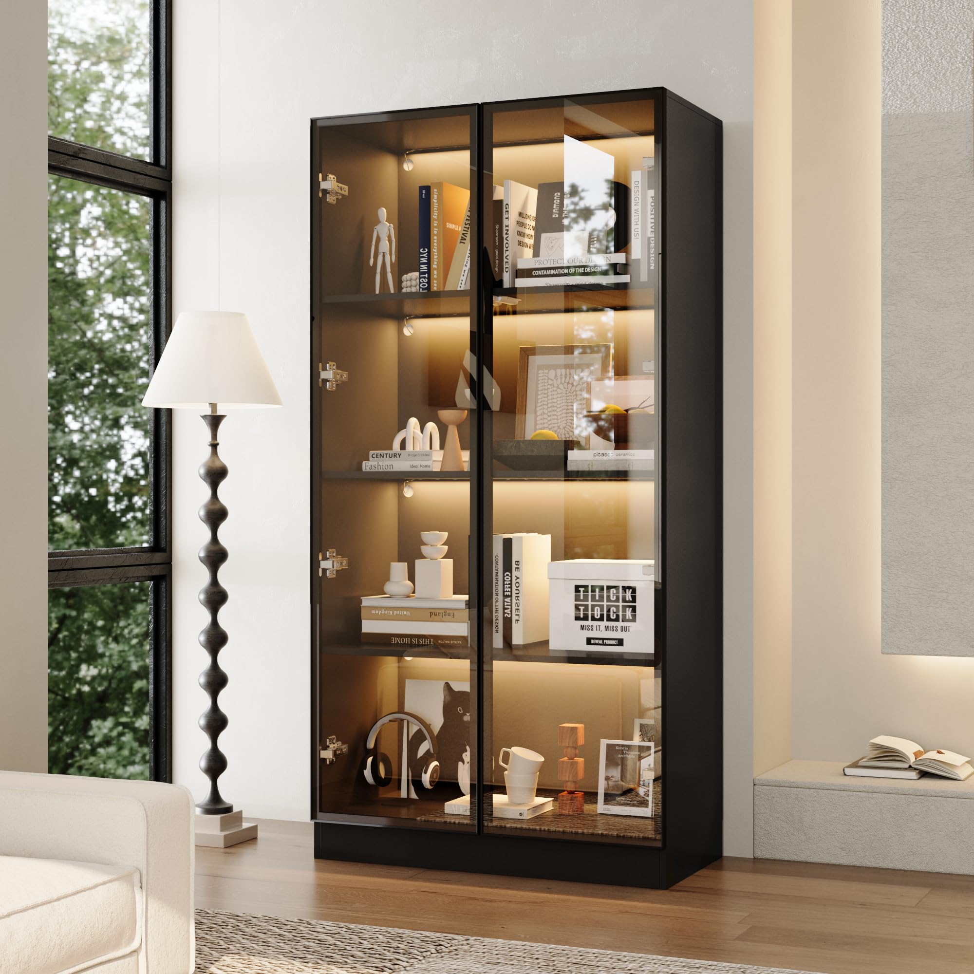 DEZAGCE Display Cabinet with Glass Doors, 4-Tier Curio Cabinet with 3 Color LED Lights, Display Cases with Adjustable Shelf for Collectibles Bedroom Living Room Office, 40D x 80W x 160H cm, Black