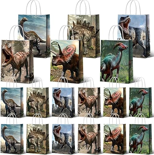 Miniatura 8 de Funrous Bolsas de regalo de dinosaurio para fiestas, bolsas de regalo de dinosaurio con asas, paquete de papel de dinosaurio para decoraciones de