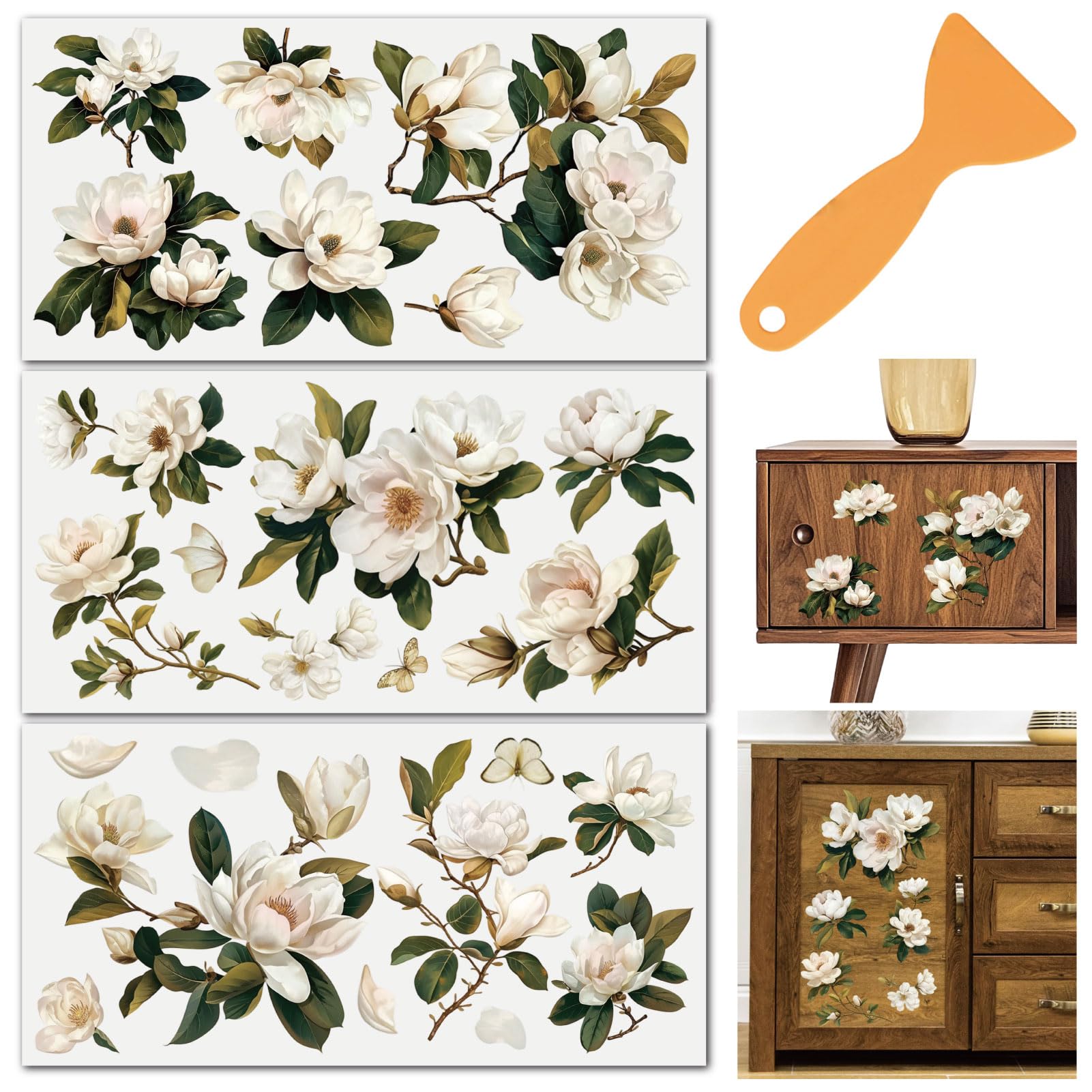 PRESSINART 3 Sheets White Magnolia Flower Transfer Stickers for Furniture