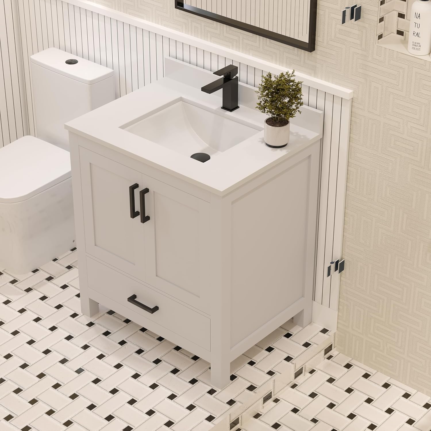 Ayna Decors Rooh 30 in White Single Sink Bathroom Vanity with White Quartz Countertop | Ceramic Sink | 2 Soft Closing Doors | 1 Full Extention Soft Close Drawer | Black Hardware