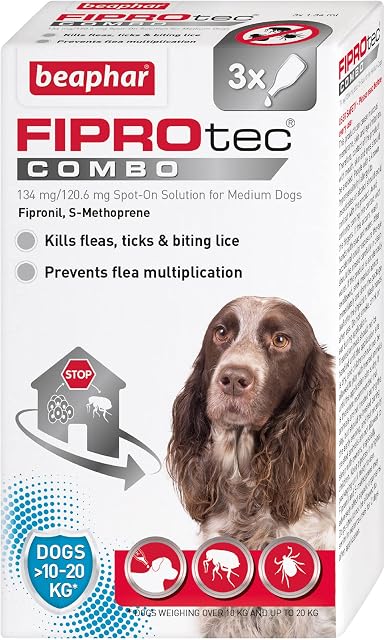 Beaphar | FIPROtec® COMBO for Medium Dogs (1020kg) | Kills Fleas, Flea Eggs & Ticks | Stops Fleas Multiplying on Pet and in Home | Vet Strength Treatment | 3 Pipettes