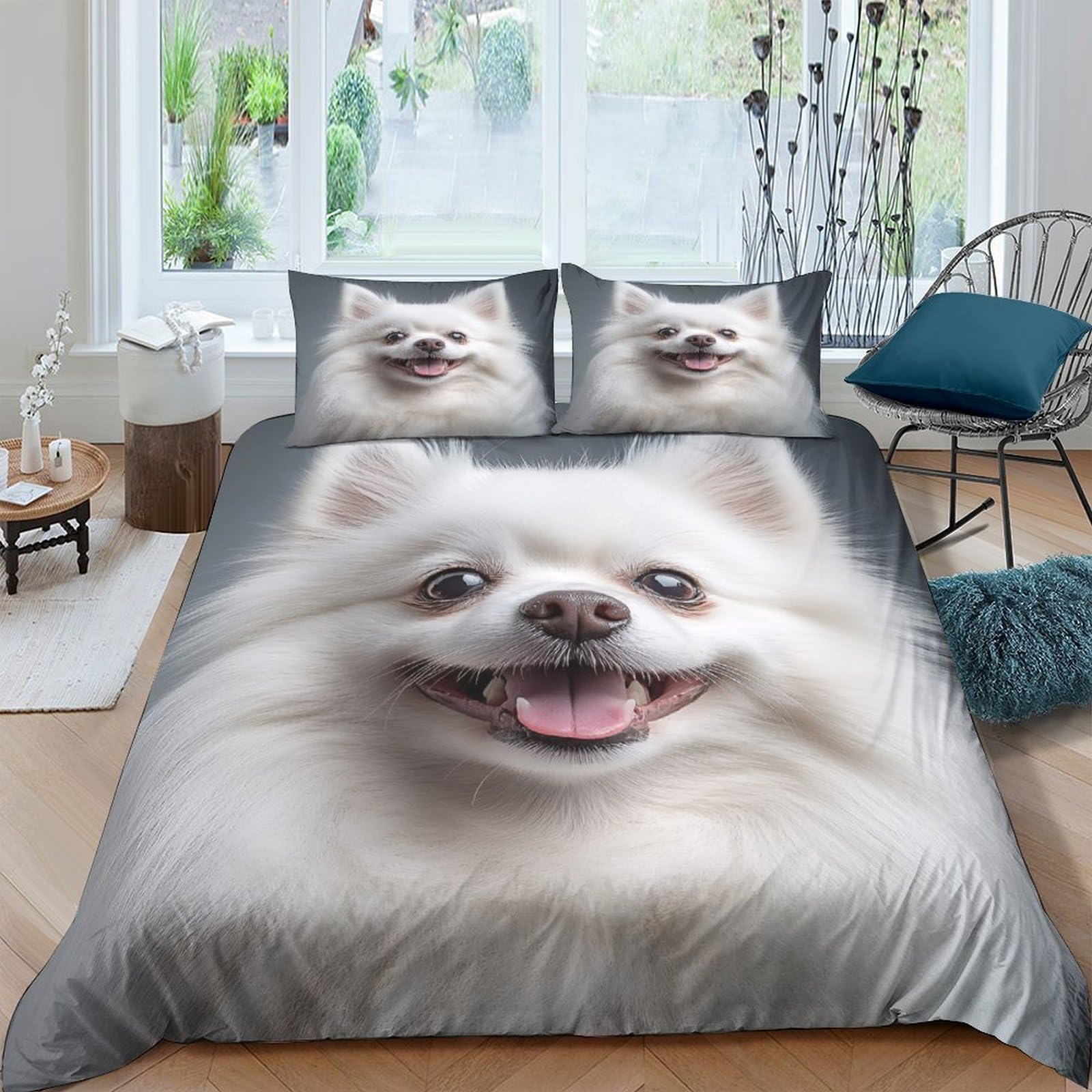 Ctjqhvkz Style-5 3D Printed White Pomeranian Dog Fitted Sheet Microfiber Soft Breathable Smiling Pet Bed Cover For Bedroom Guestroom Decor Single（135X200cm）