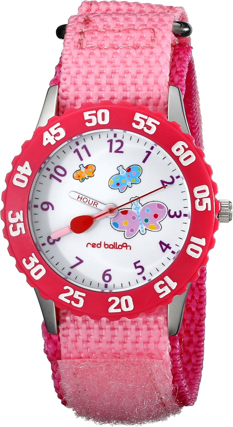 Red Balloon Kids' W000182 "Butterflies Time Teacher" Stainless Steel Watch with Pink Nylon Band