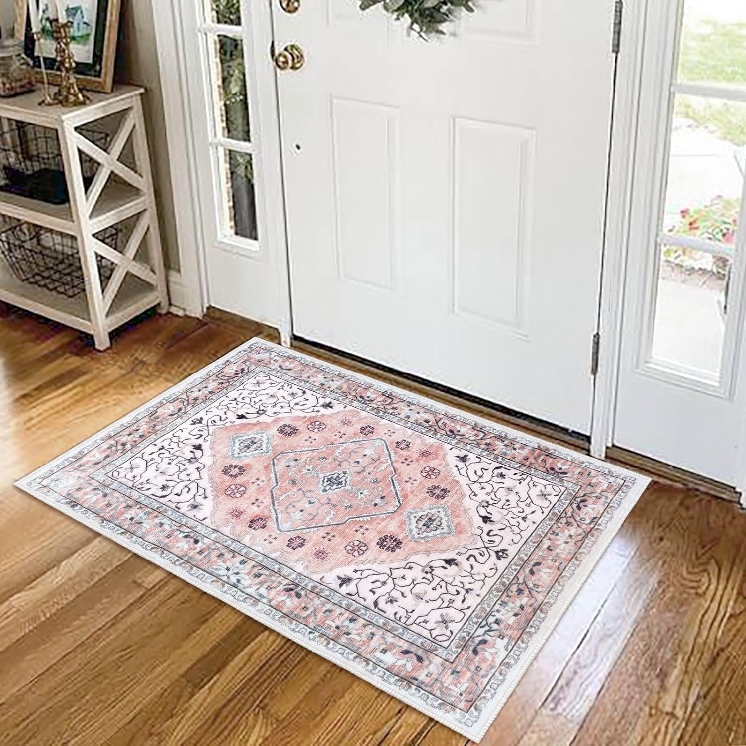 KOZYFLY Small Area Rug 2x3 Ft Rugs for Entryway Washable Boho Entry Rug Non Slip Door Mat Indoor Entrance Pink Faux Wool Vintage Printed Kitchen Rug Throw Rugs for Entrance Kitchen Bathroom Boho-pink 2' x 3'