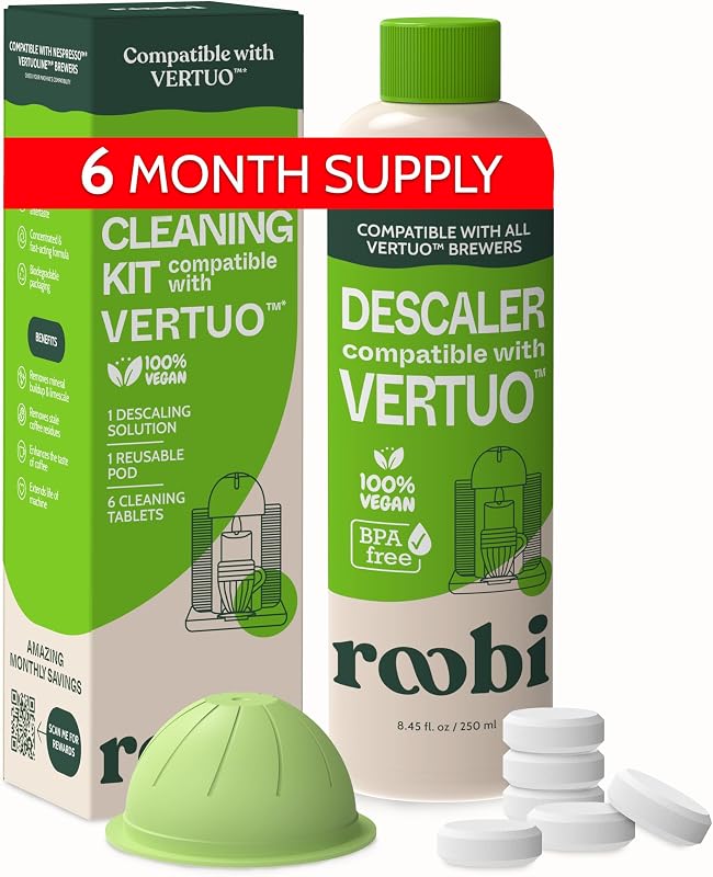 Roobi Nespresso Compatible Vertuo Cleaning & Descaling Kit | 1 Bottle Descaling Solution, 6 Cleaning Tablets, 1 Reusable Pod, Carbon Neutral, 6 Month Supply
