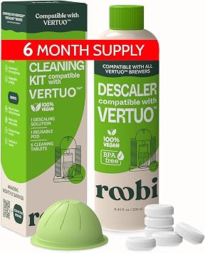 Roobi Nespresso Compatible Vertuo Cleaning & Descaling Kit. Includes 1 Bottle of Descaling Solution, 6 Cleaning Tablets and 1 Reusable Pod. Carbon Neutral Vertuoline Maintenance Kit. 6 Month Supply.