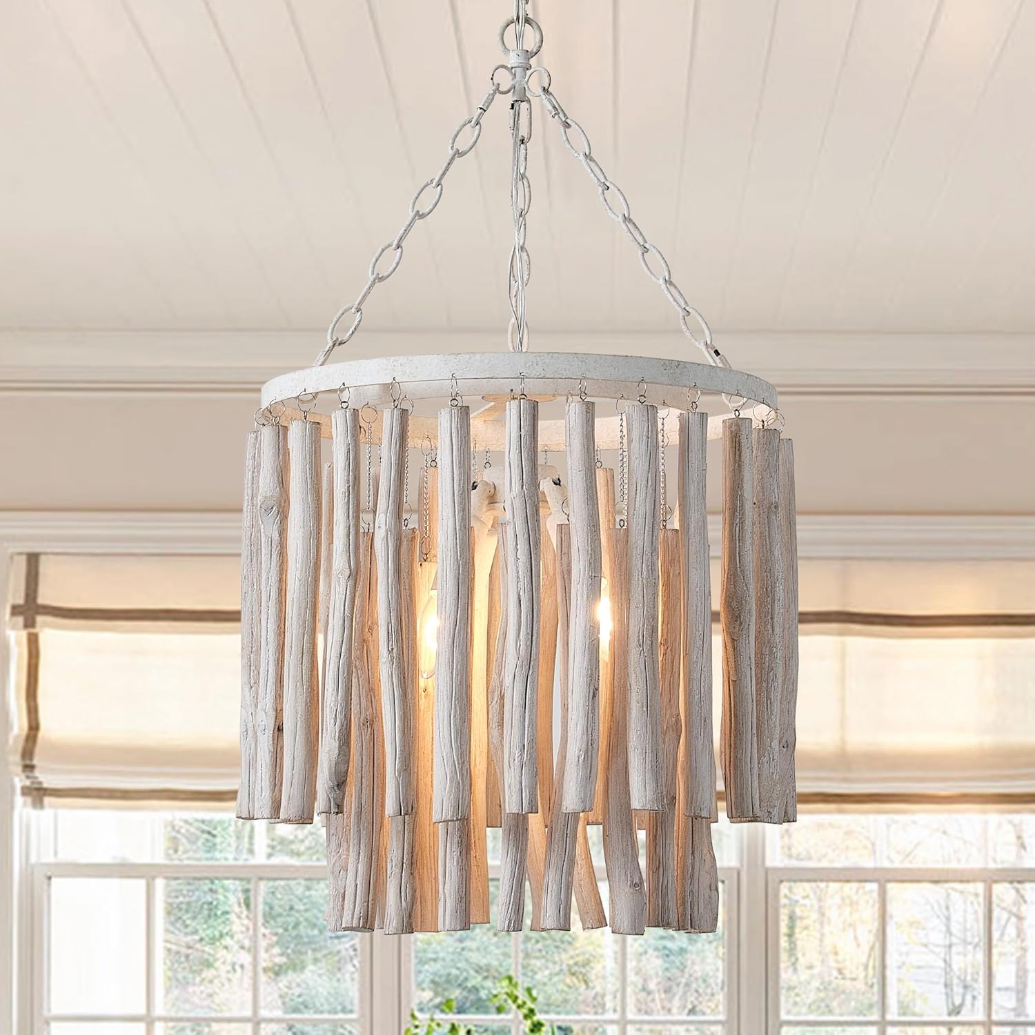 Coastal Chandelier 17" Whitewashed Wood Driftwood Light Fixture, 4-Light Rustic Farmhouse Drum Pendant Lighting with 39" Adjustable Chain for Dining Room, Bedroom, Living Room, White Iron & Wood