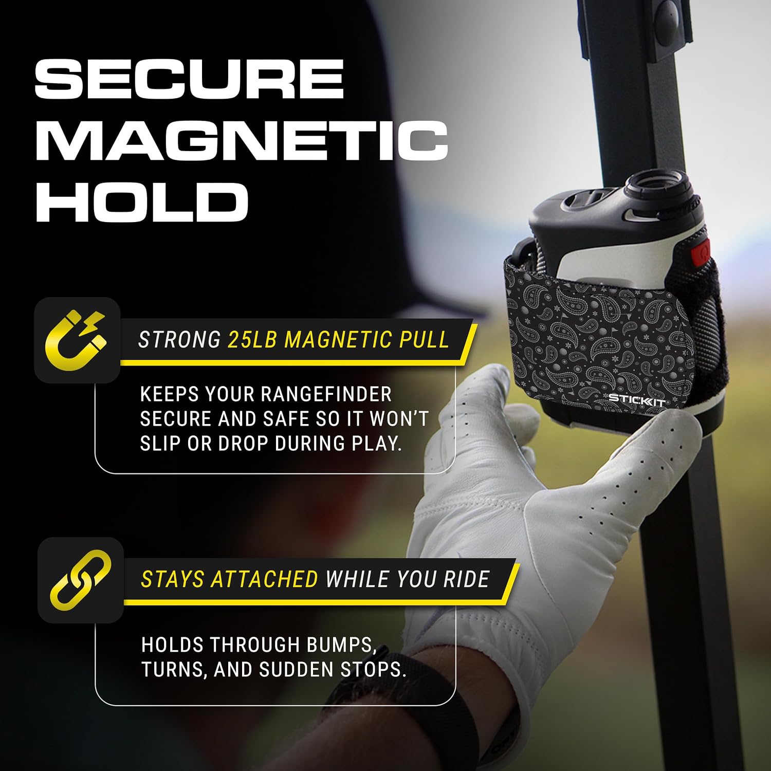 STICKIT Rangefinder Magnetic Strap - Slim-Fit Adjustable Range Finder Holder - Universal Range Finder Strap with Strong Magnet - Stays Secure on Golf Carts, Bags & Clubs for Easy Access